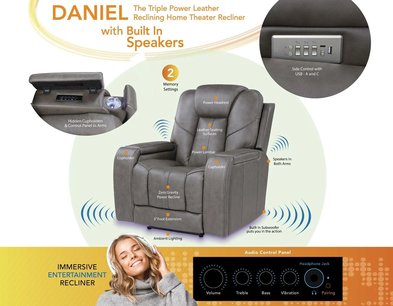 Daniel 3-Piece Triple Power Leather Manual Reclining Set - Image 41
