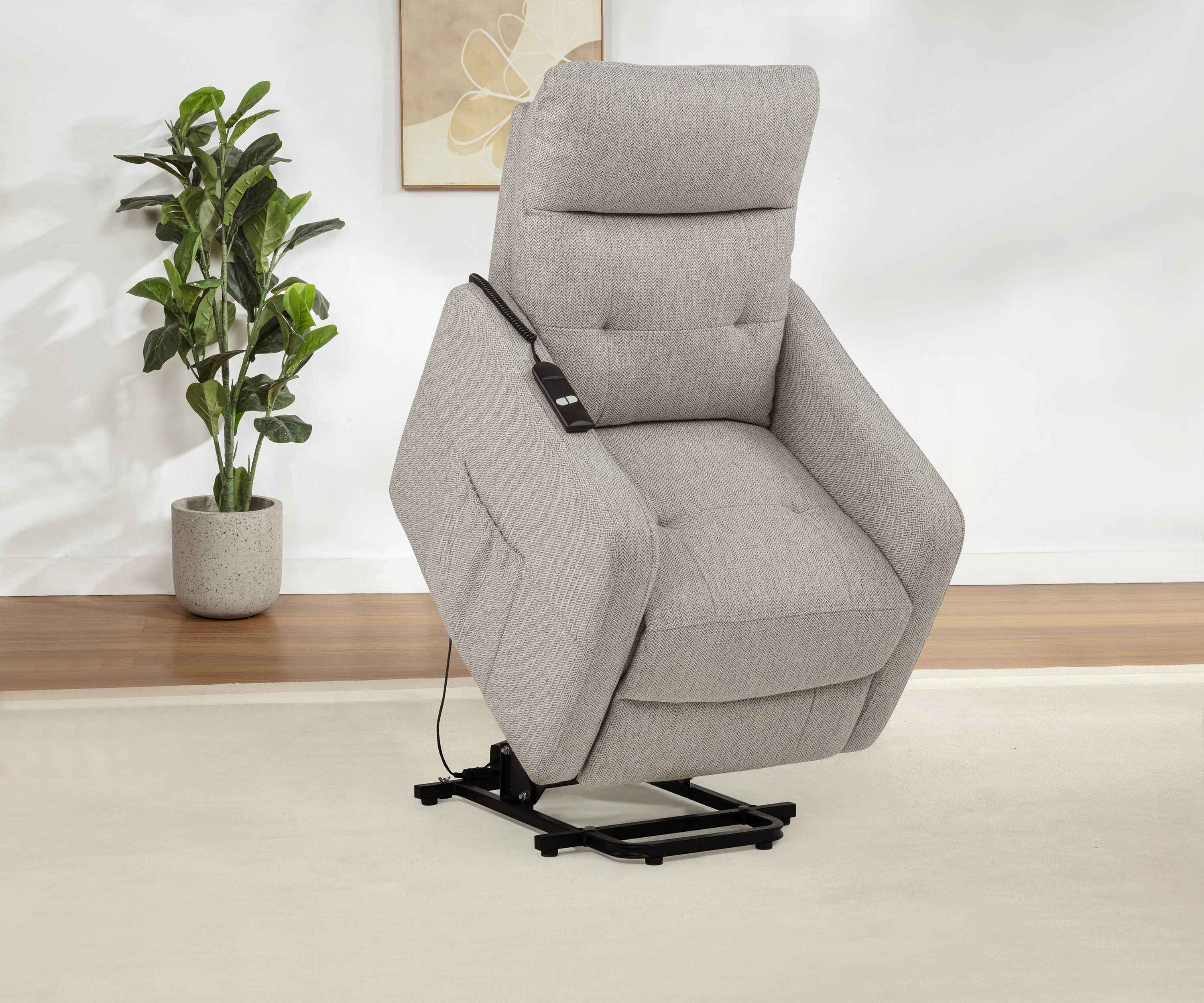 Dayes Taupe Upholstered Power Lift Recliner Chair - Image 3