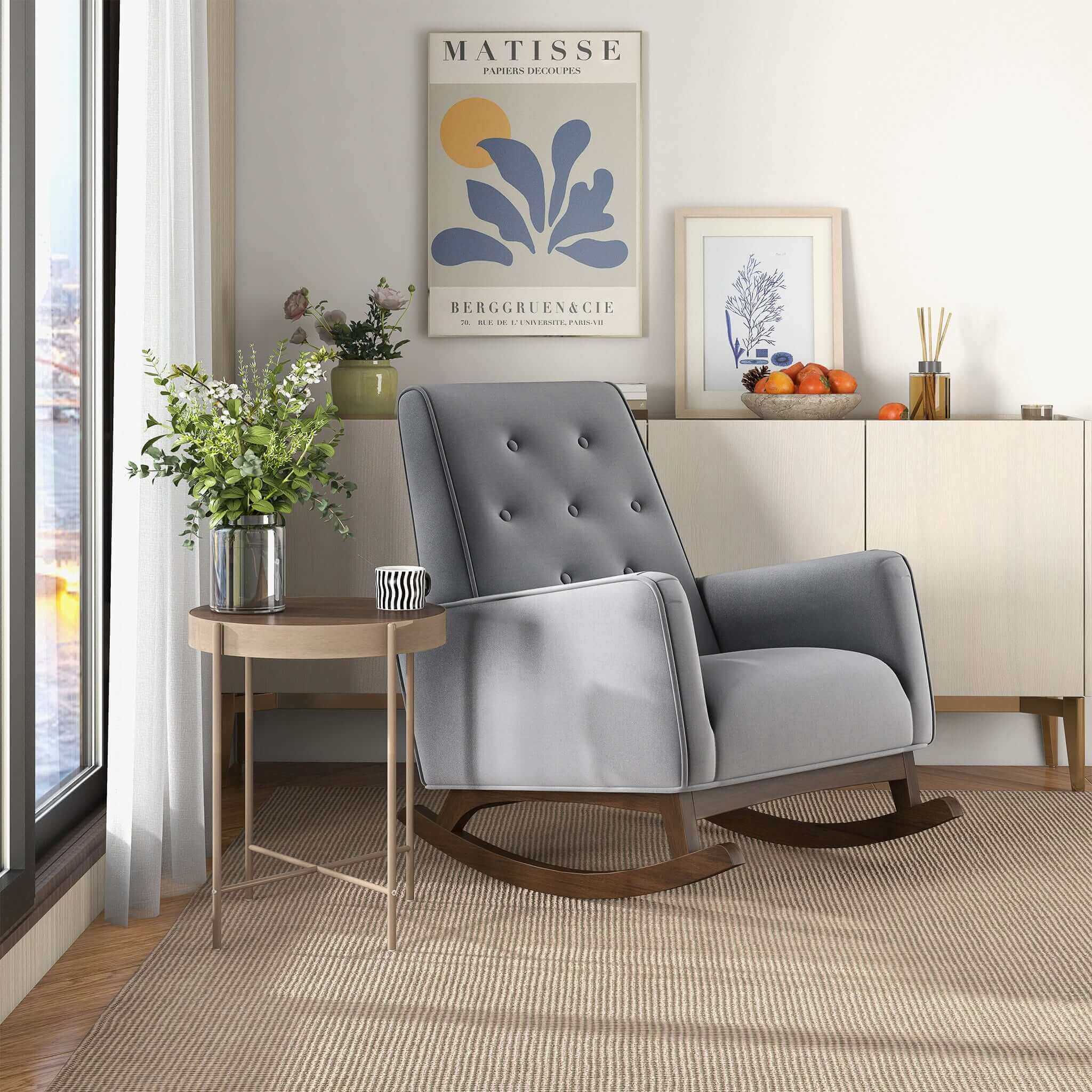 Demetrius  Light Grey Fabric Solid Wood Rocking Chair - Image 2