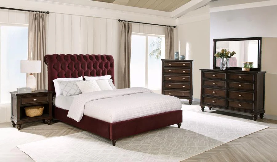 Devon Wine Red and Dark Oak 5-Piece Eastern King Bedroom Set