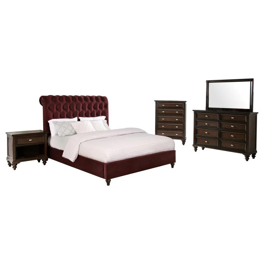 Devon Wine Red and Dark Oak 5-Piece Eastern King Bedroom Set - Image 2