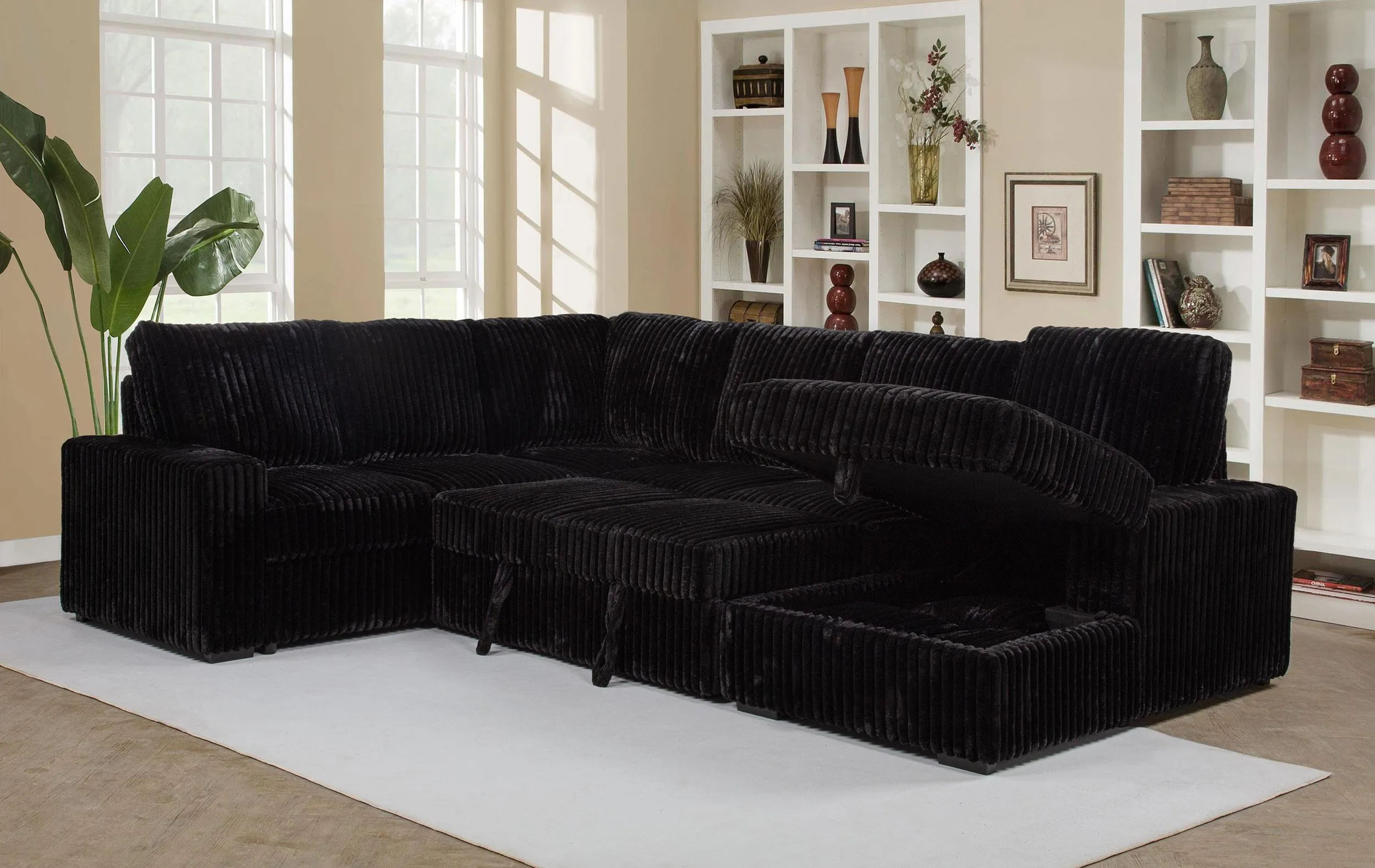 Devonshire Black Sleeper Sectional Sofa Storage Chaise - Image 5