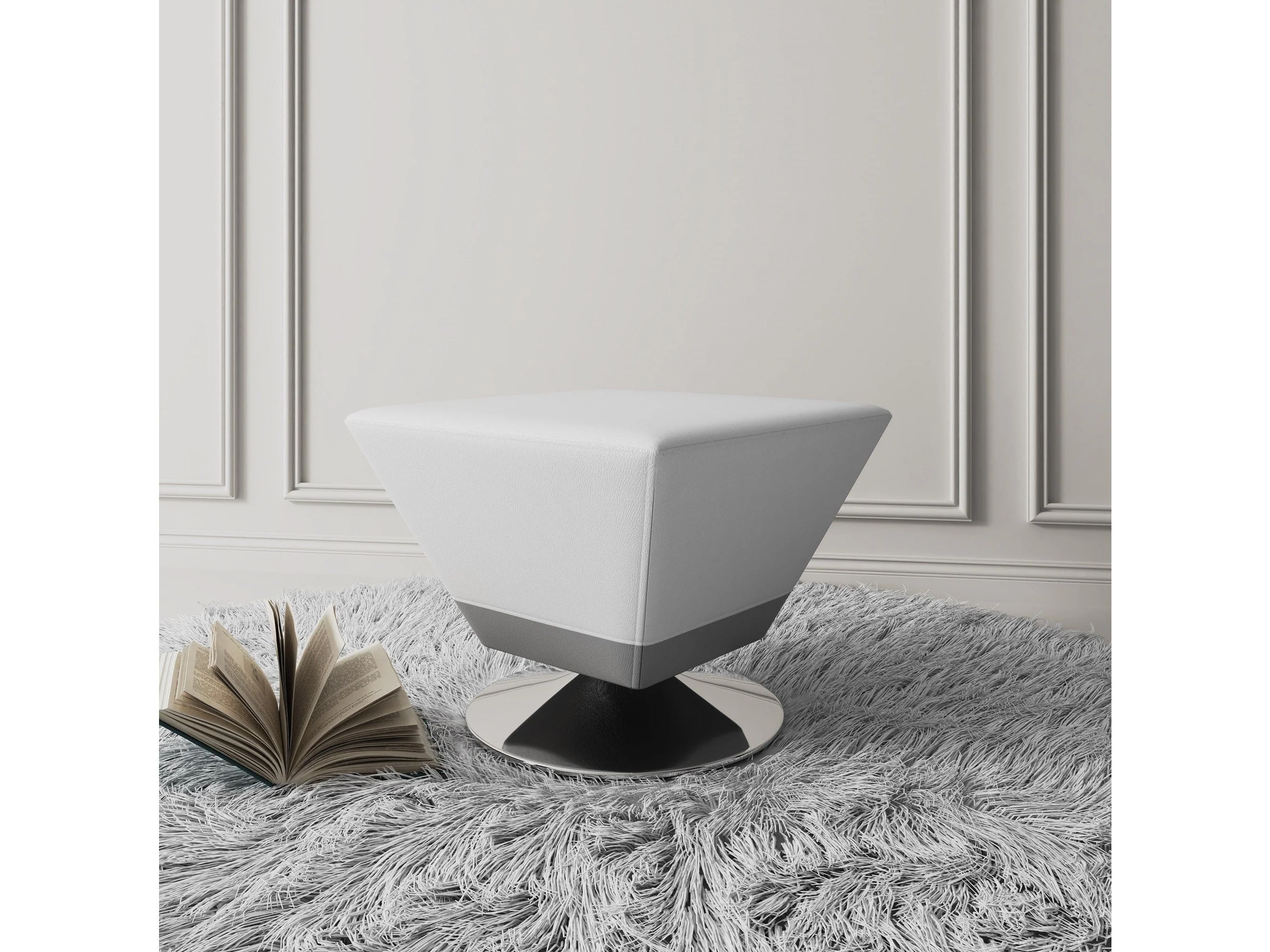Diamond Swivel Ottoman in White and Polished Chrome
