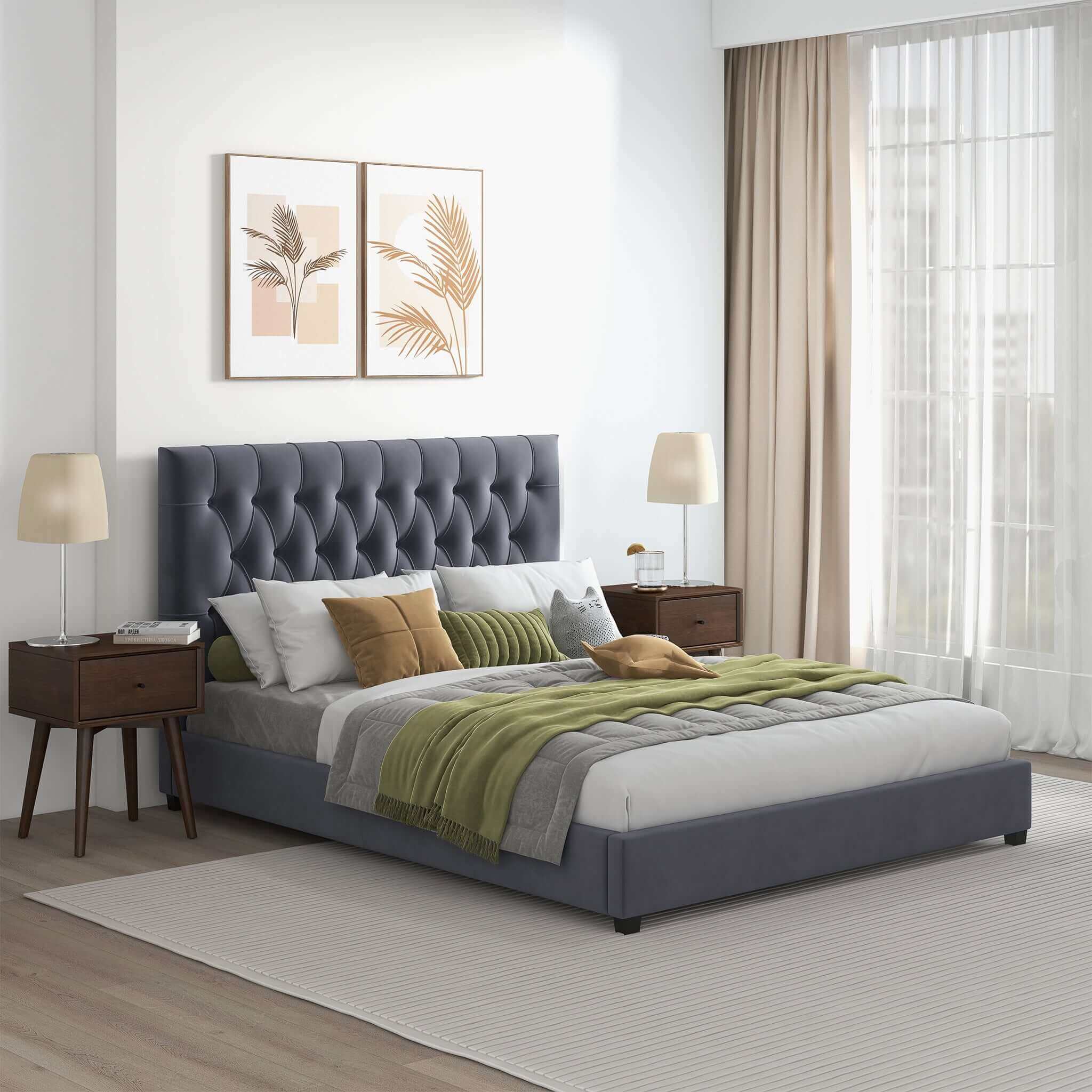Donald Mid Century Modern Grey Velvet Platform Bed Queen - Image 3