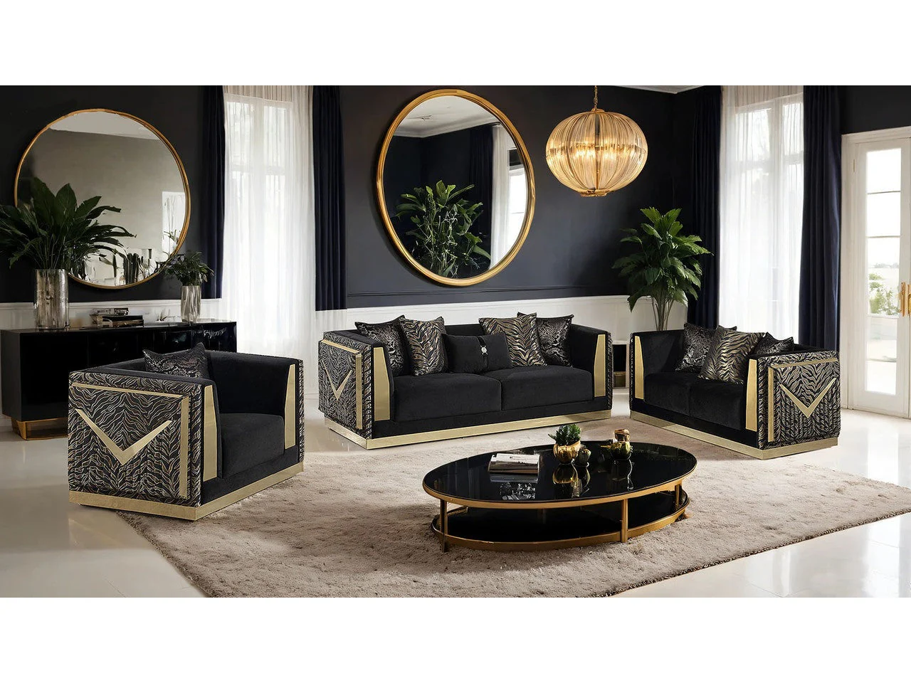 Doriphei Black Velvet/Gold Sofa & Loveseat