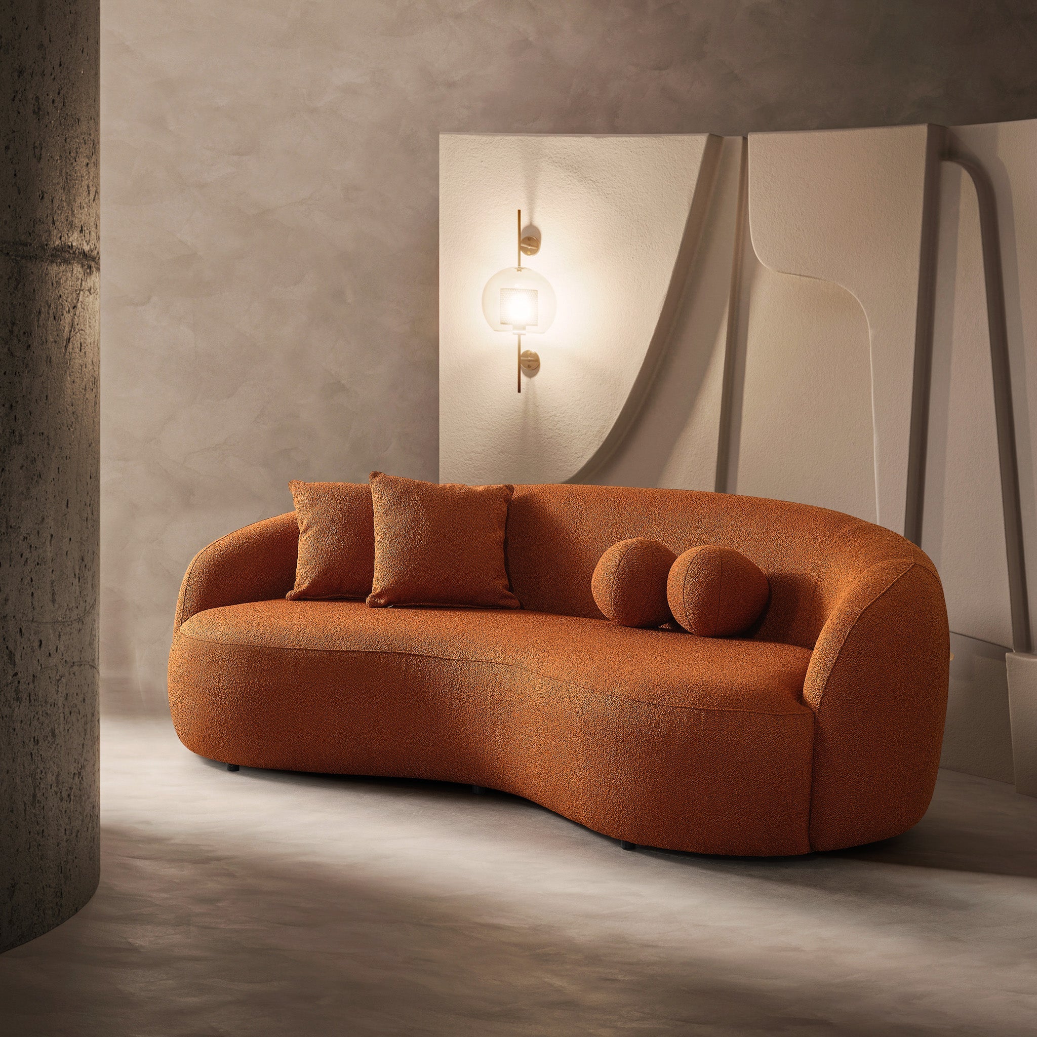 Drake Burnt Orange Japandi Style Curvy Boucle Sofa - Image 3