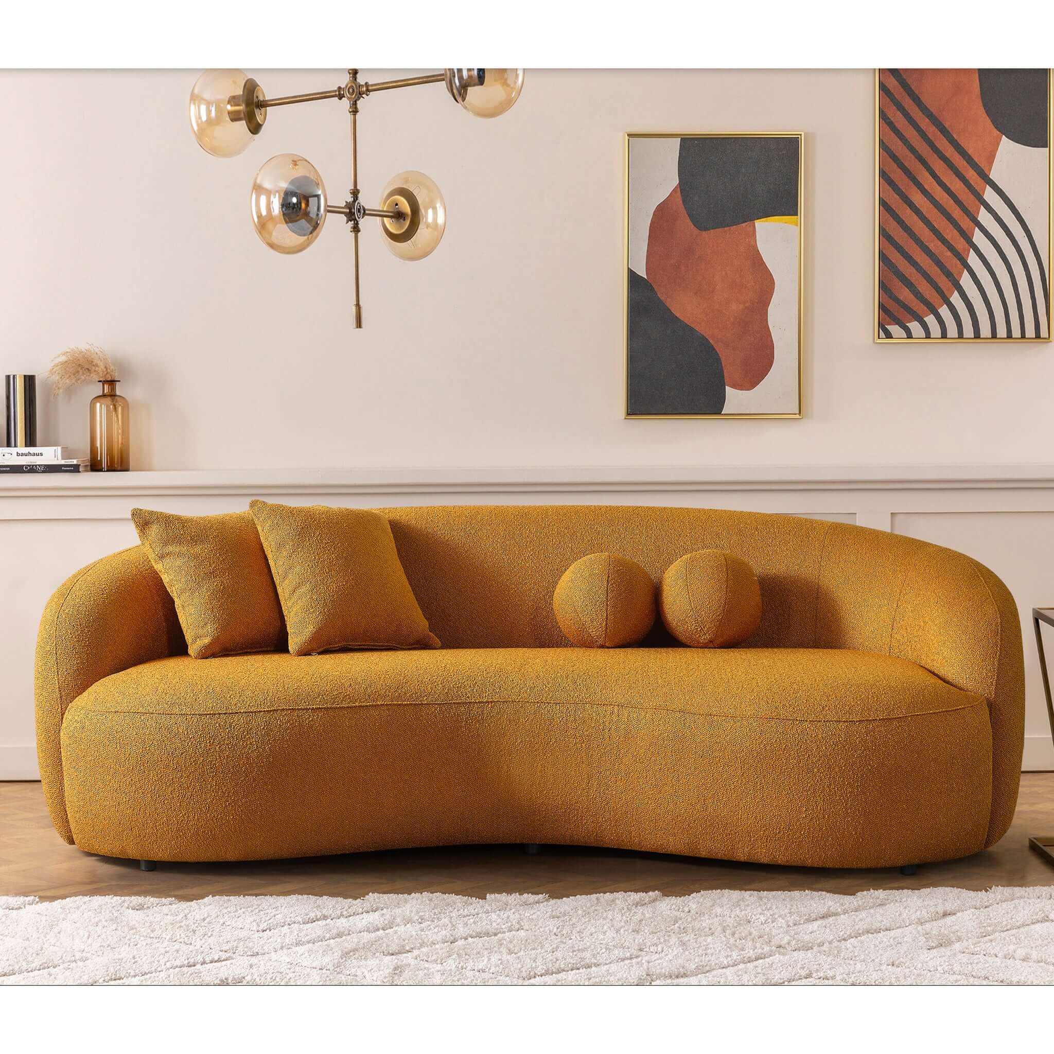 Drake Japandi Style Curvy Gold Boucle Sofa
