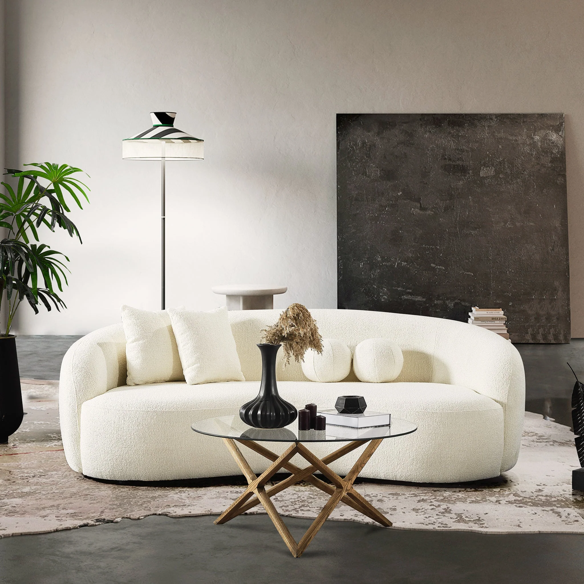 Drake Japandi Style Curvy Ivory Boucle Sofa - Image 3
