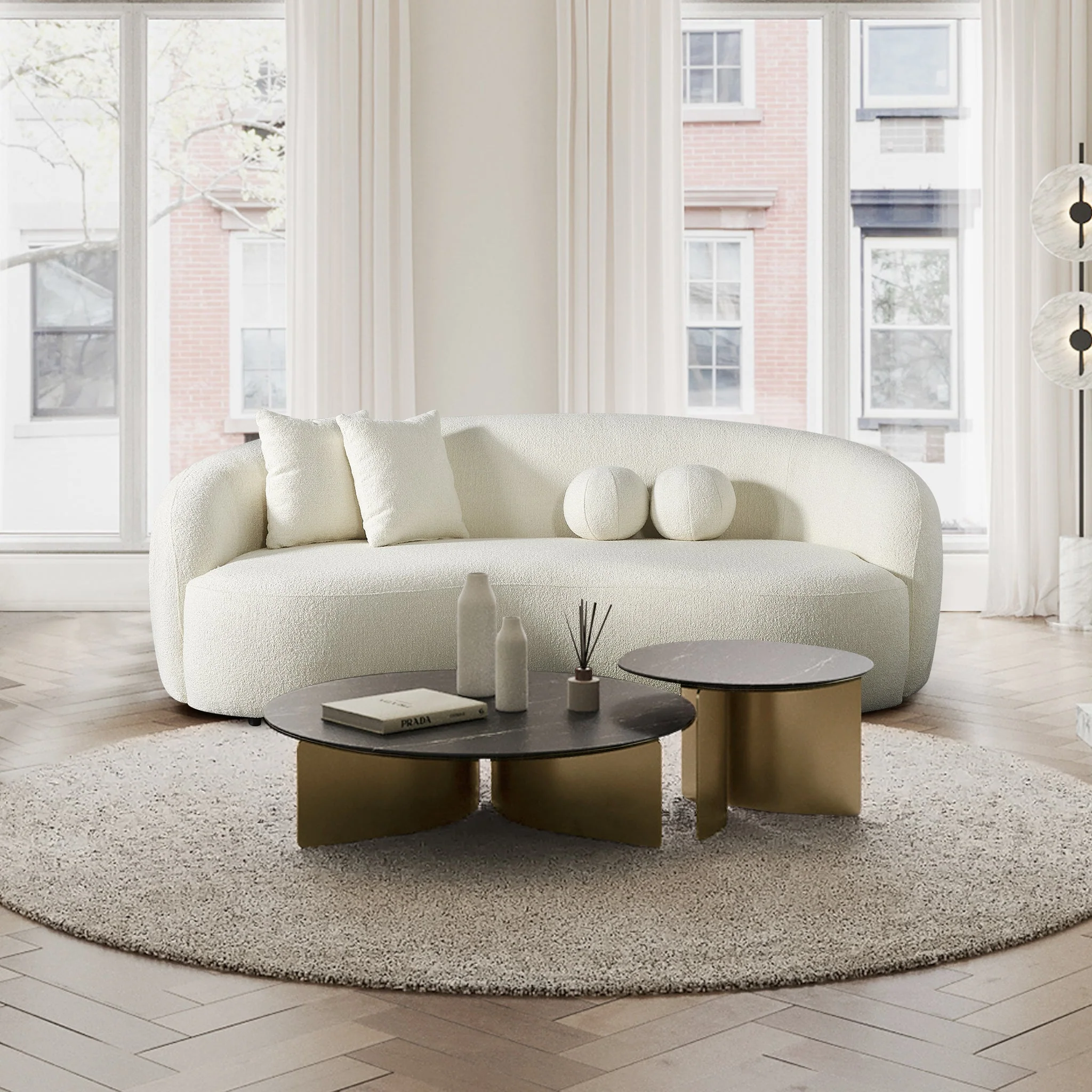Drake Japandi Style Curvy Ivory Boucle Sofa - Image 4