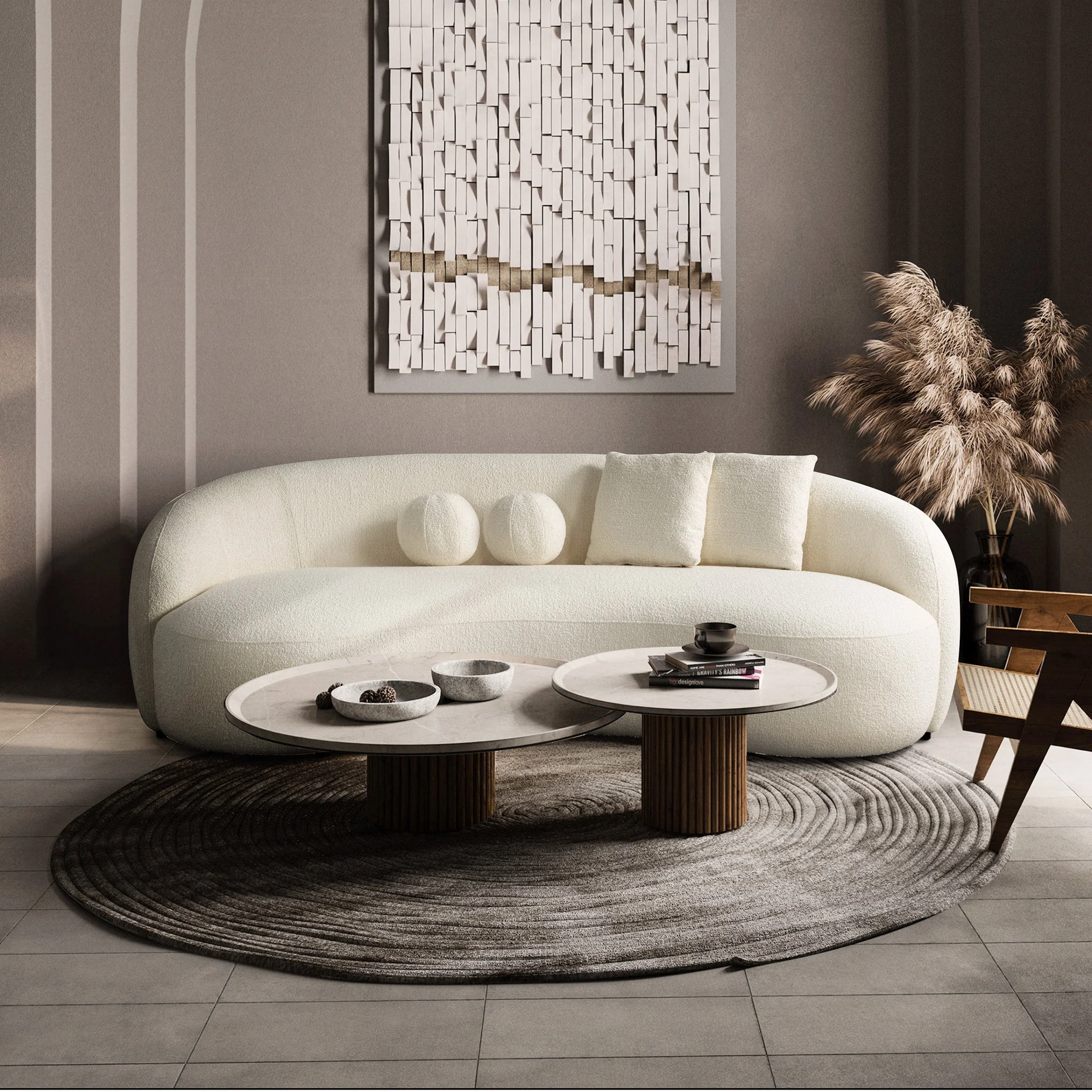 Drake Japandi Style Curvy Ivory Boucle Sofa - Image 5