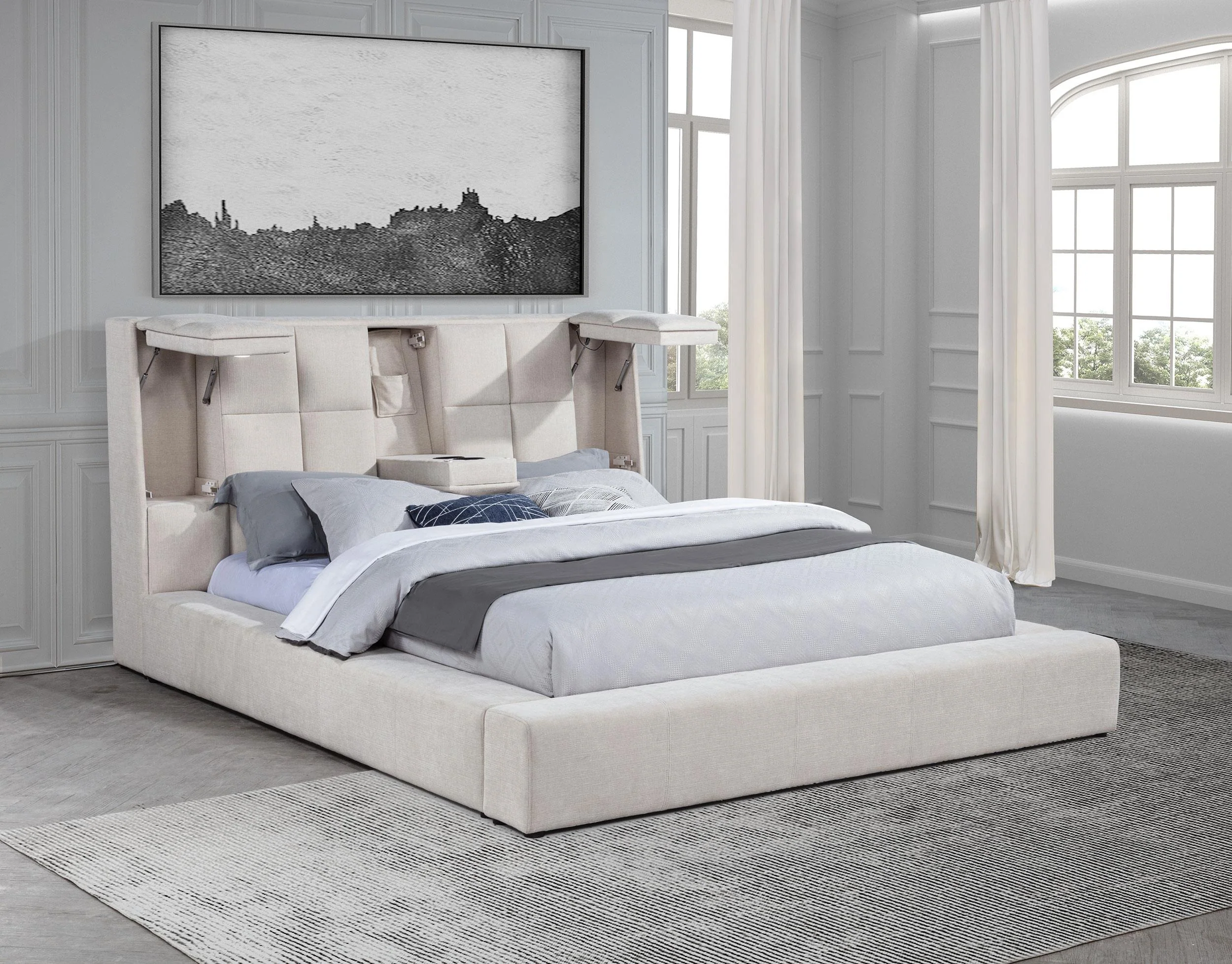 Dreux Cream Upholstered Eastern King Panel Platform Bed - Image 2