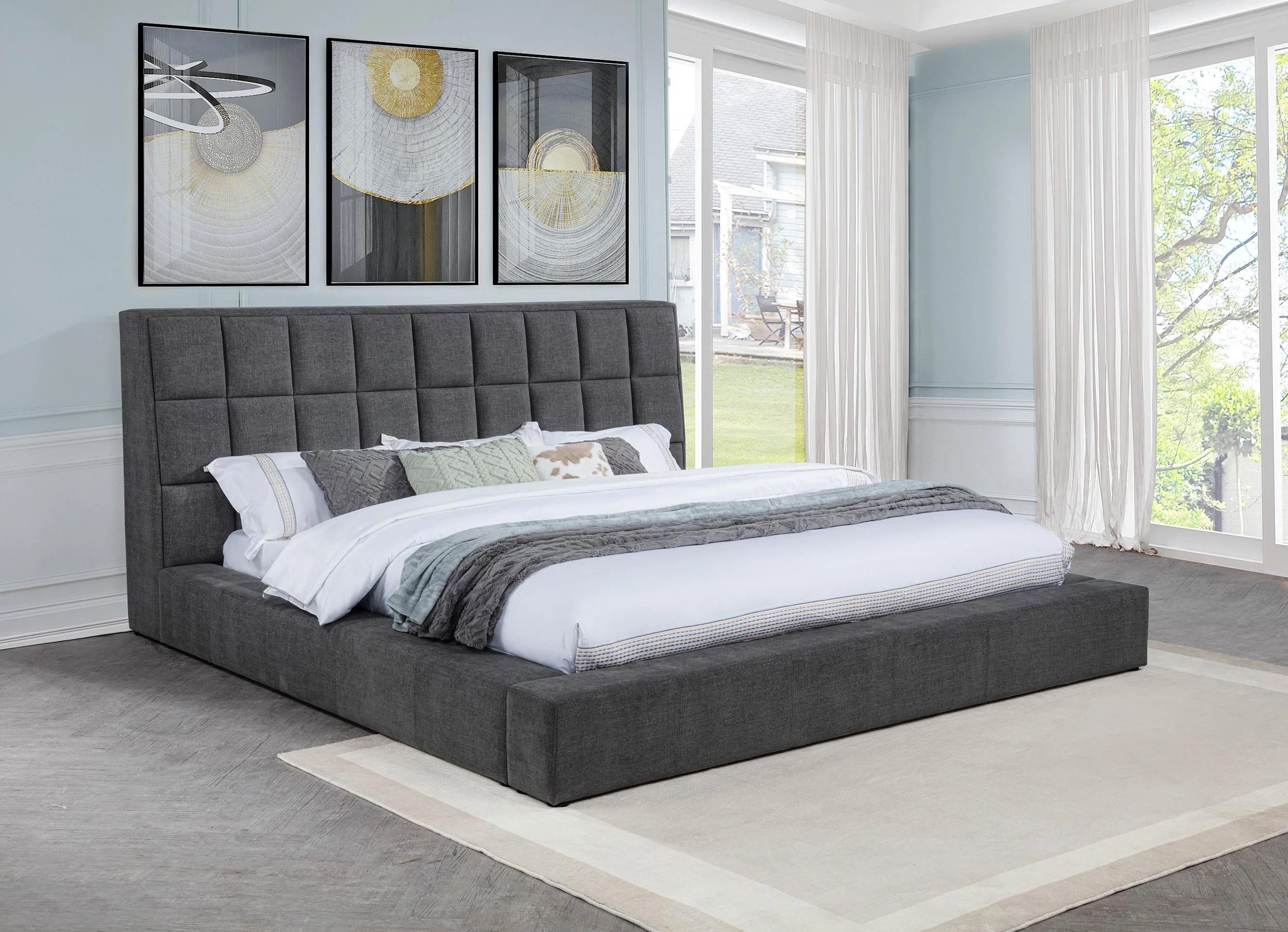 Dreux Gray Upholstered Eastern King Panel Platform Bed