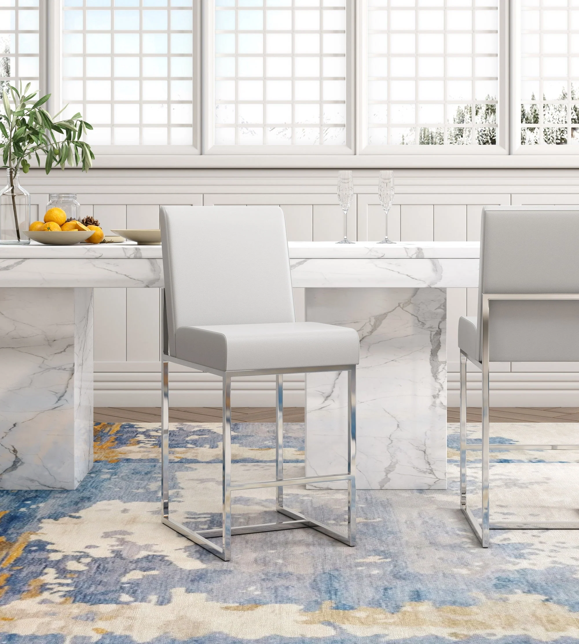 Element 24" Faux Leather Counter Stool in Pearl White and Polished Chrome - Image 2
