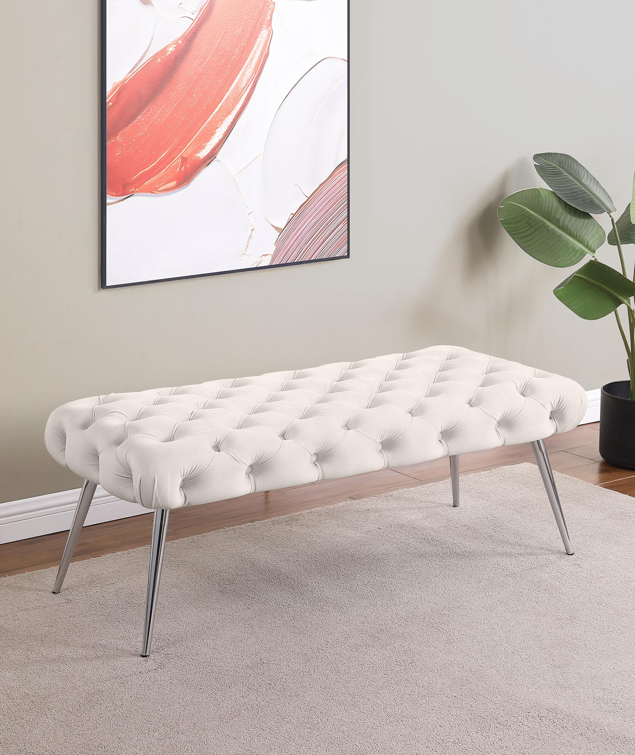 Ella Ivory Upholstered Tufted Bench Stainless Steel Legs