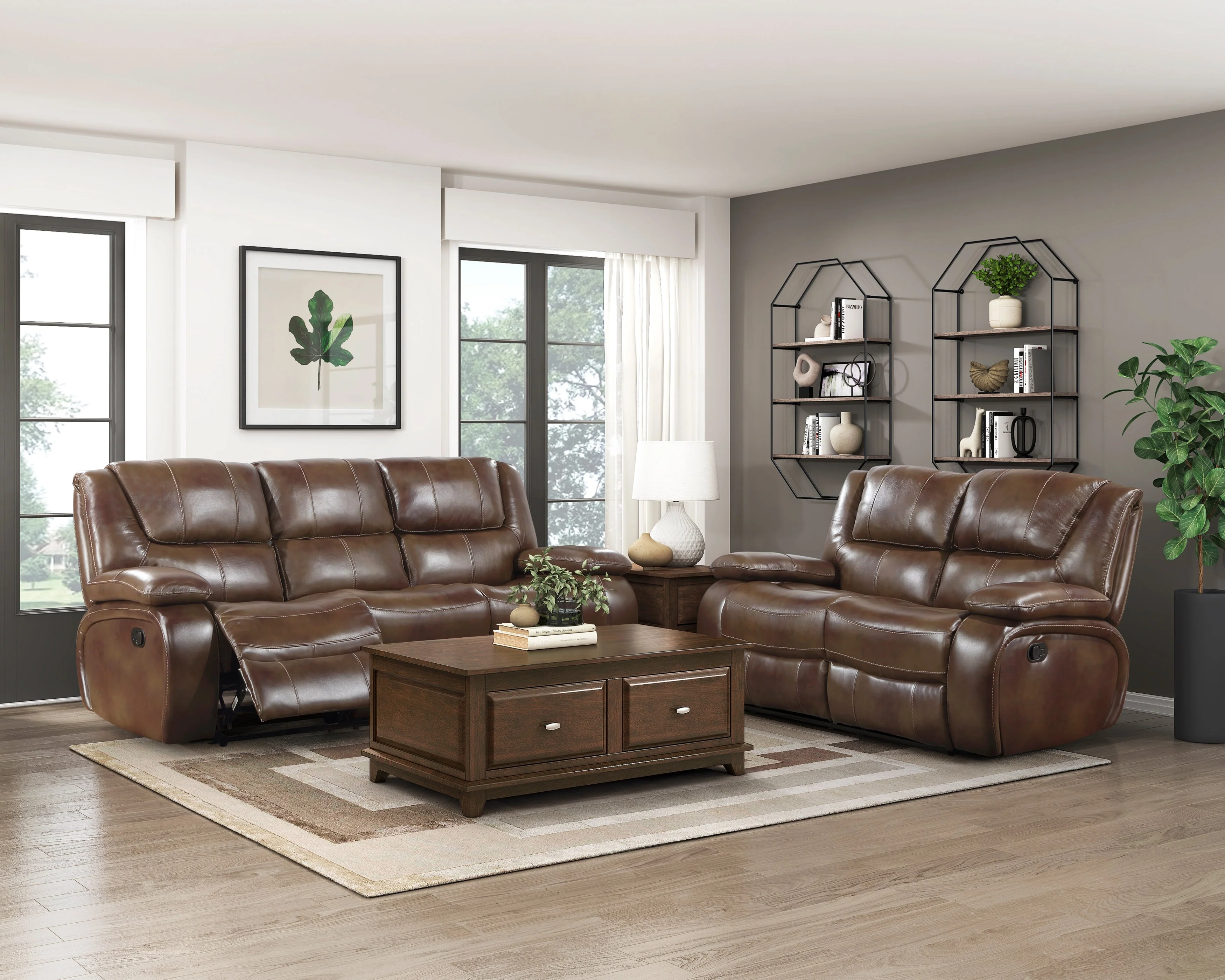 Ellicott Brown Leather Double Reclining Living Room Set - Image 2