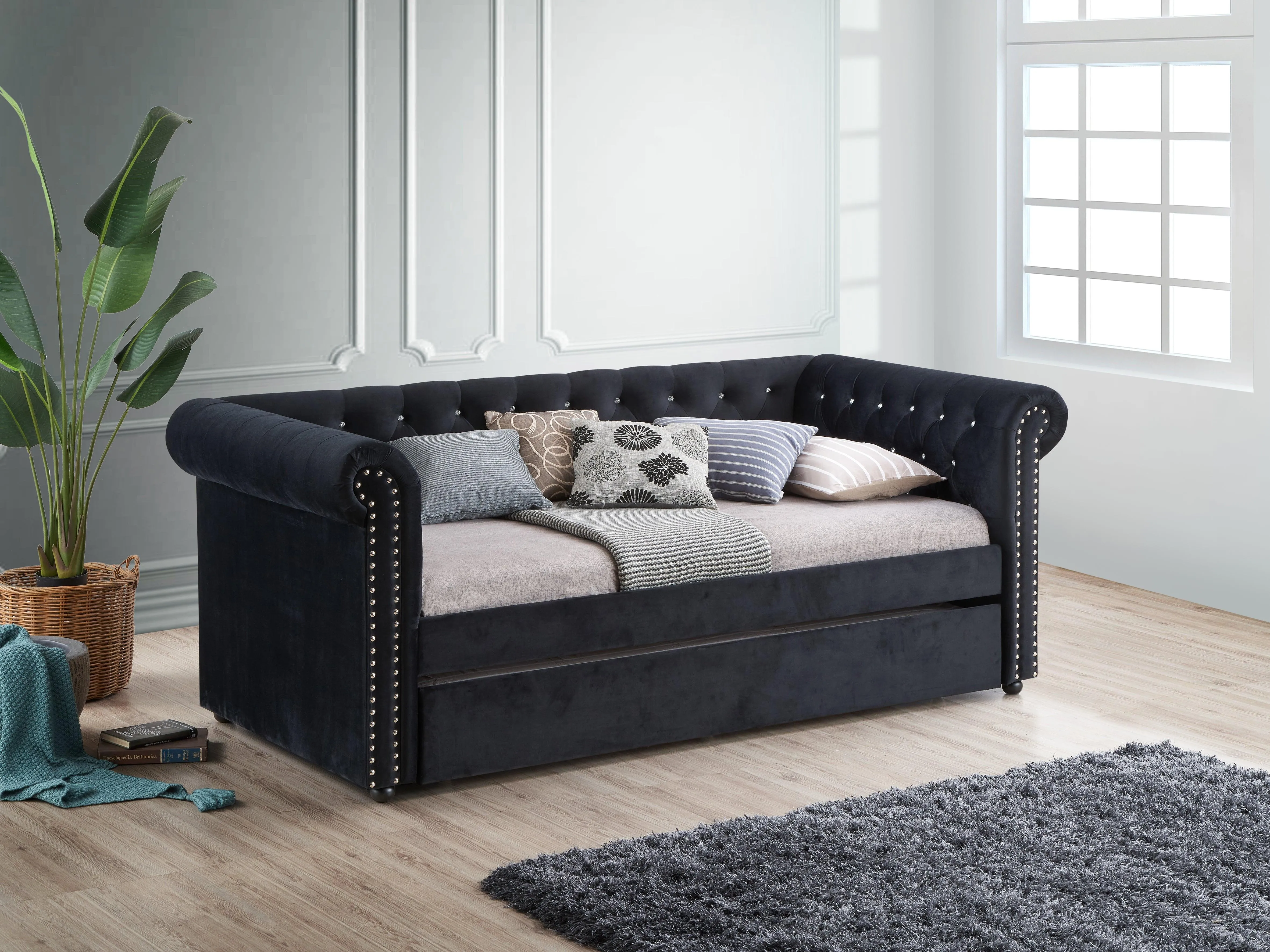 Ellie Black Velvet Twin Daybed with Trundle - Image 2