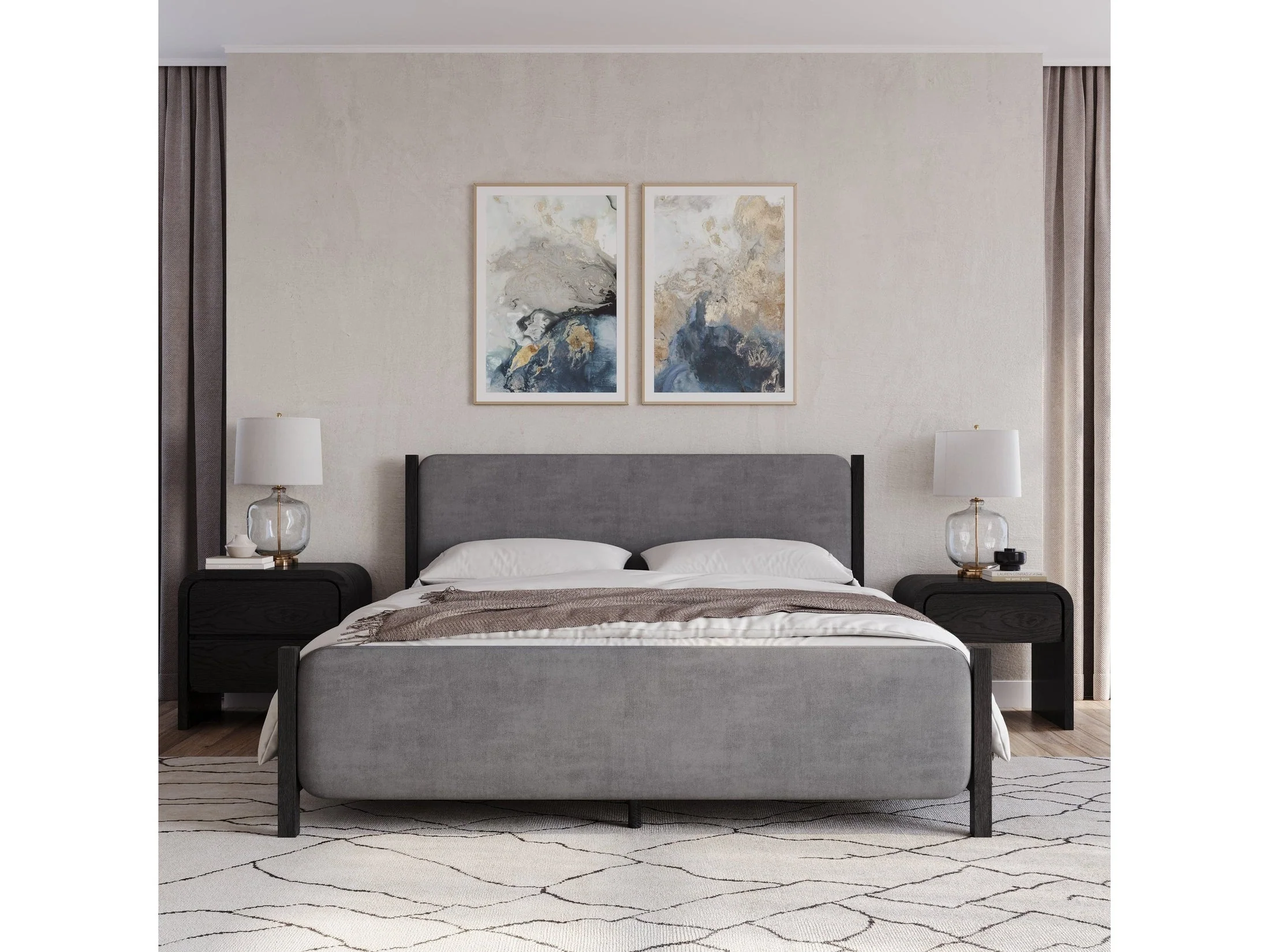 Elora Wood and Velvet Eastern King Upholstered Bed in Jet and Charcoal