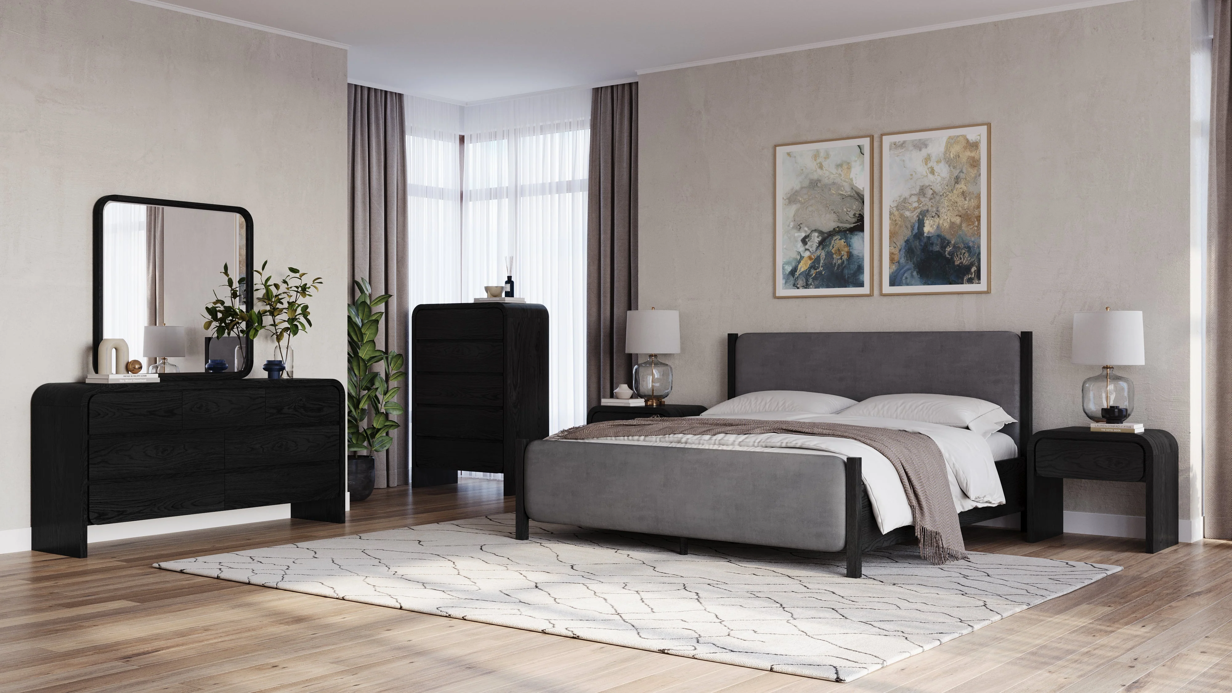 Elora Wood and Velvet Eastern King Upholstered Bed in Jet and Charcoal - Image 6
