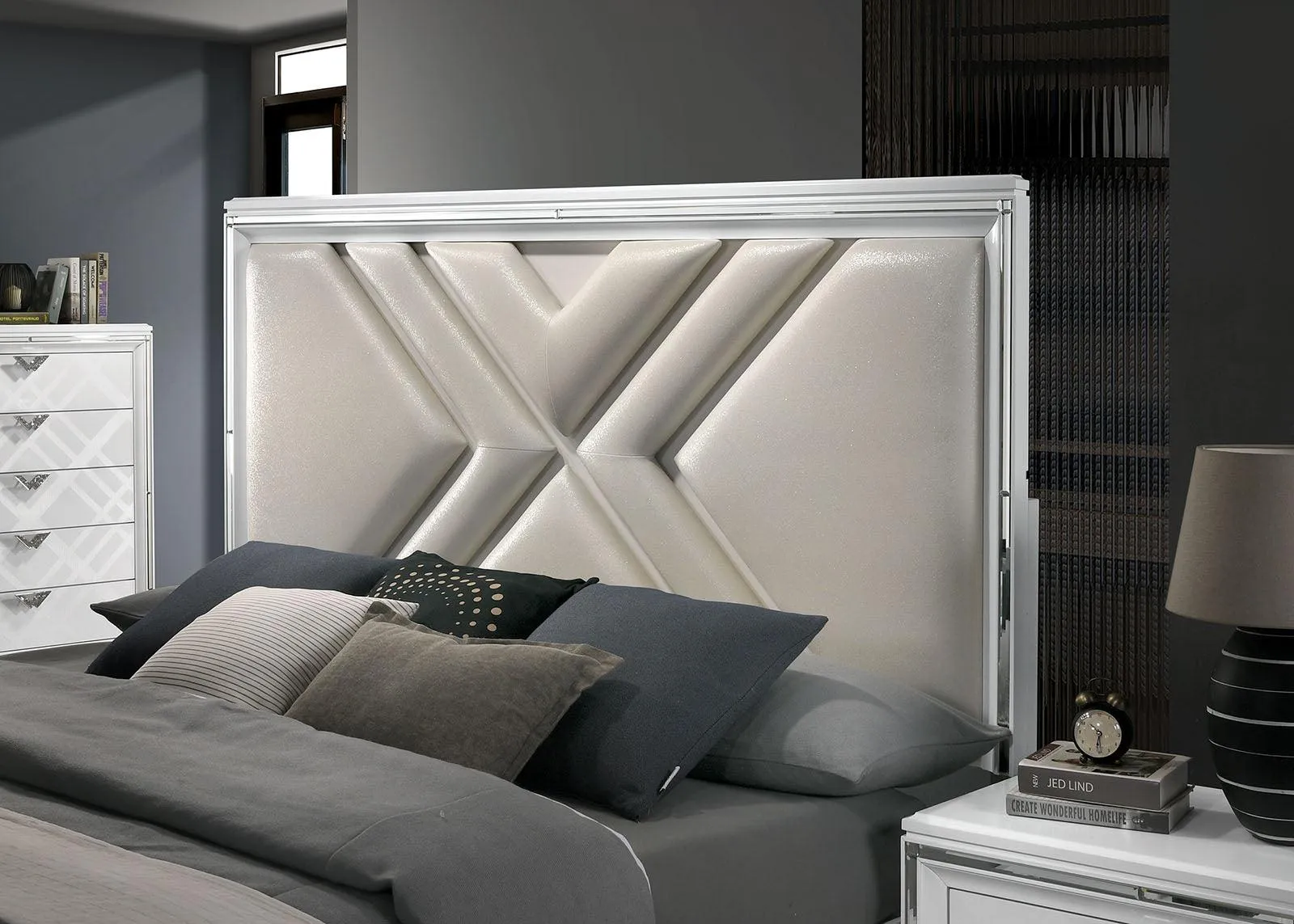 Emmeline White LED Queen Storage Platform Bed - Image 3