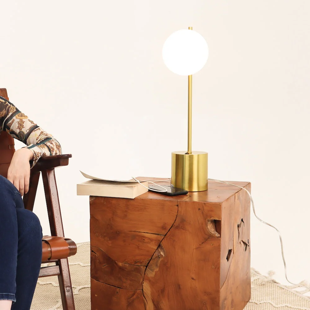 Ethereal Modern Small Brass Metal Table Lamp, Desk Lamp Fixture with White Glass Globe Shade - Image 2