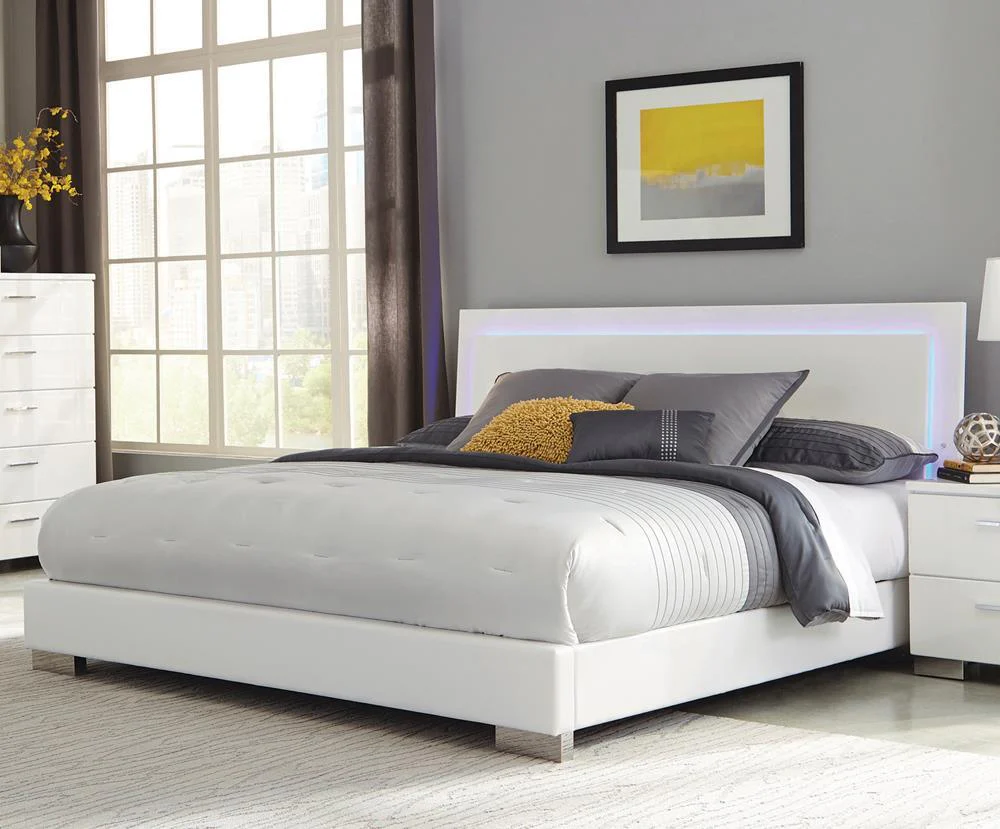 Felicity Glossy White Queen Panel Bed with LED Lighting