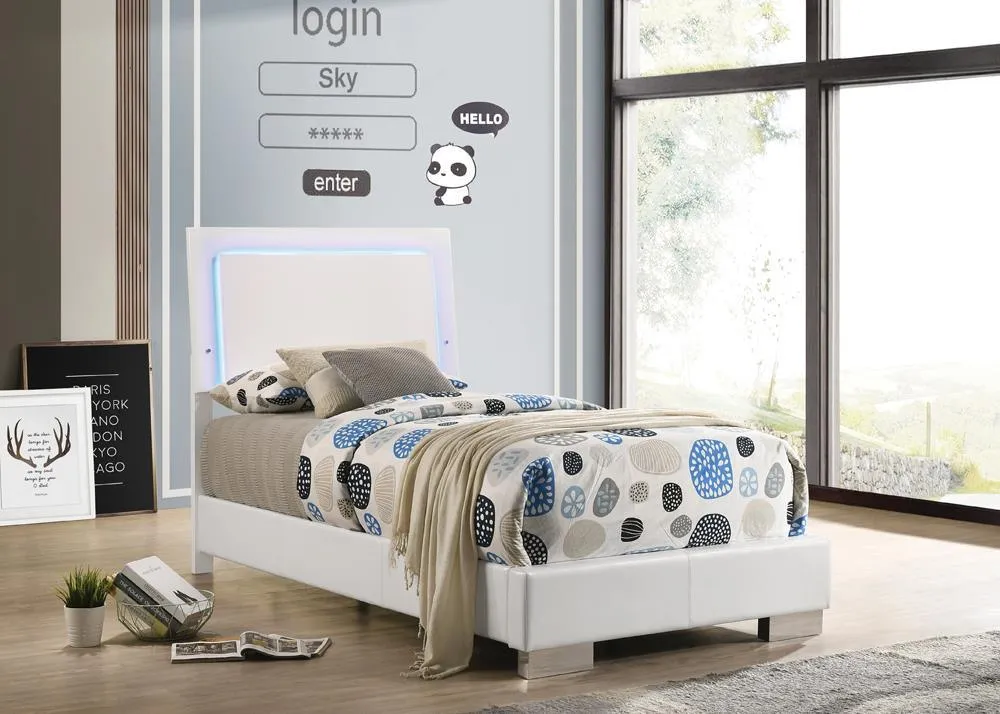 Felicity Glossy White Twin Panel Bed with LED Lighting