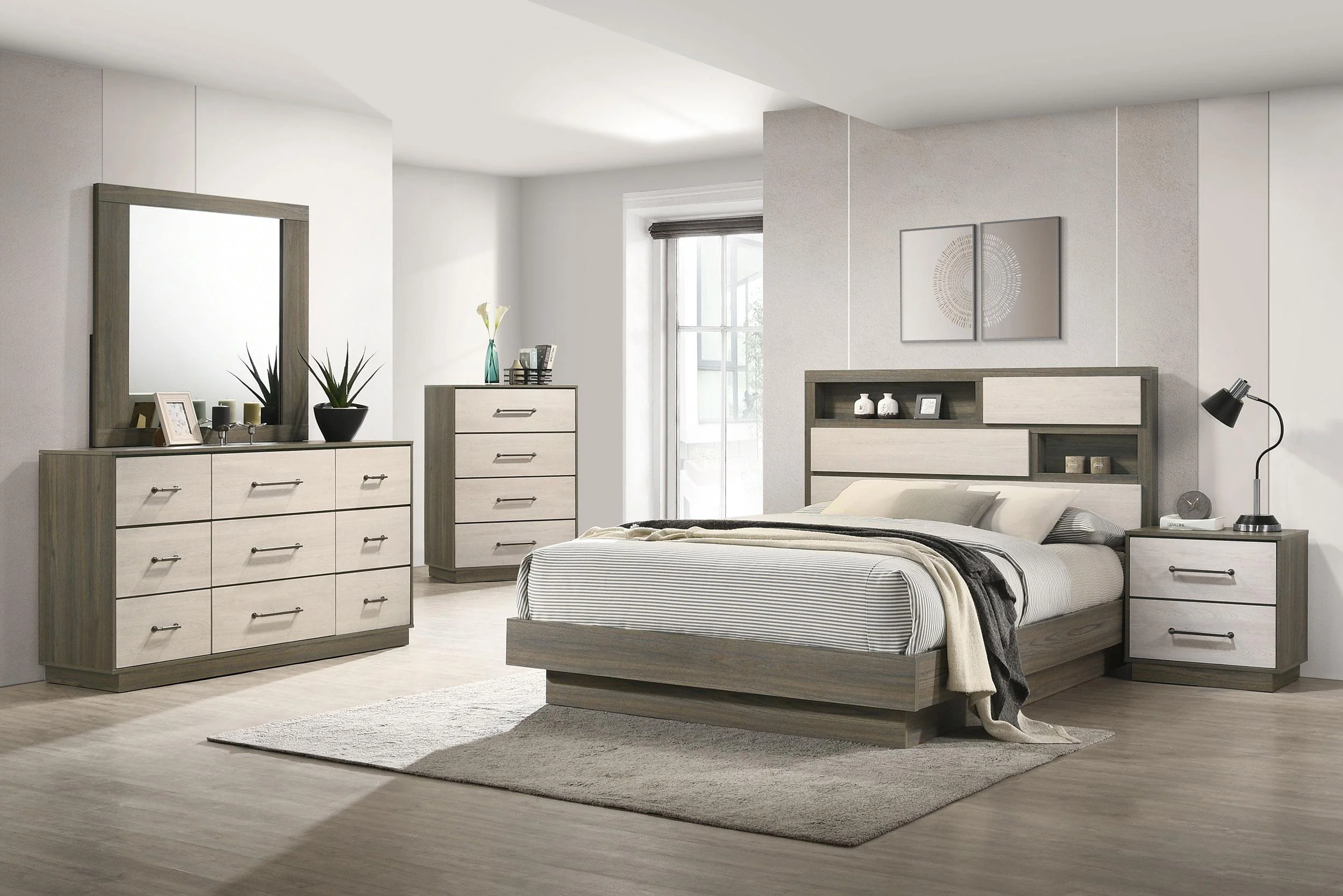 Fenwick Gray Oak Eastern King Bed Bookcase Headboard - Image 9