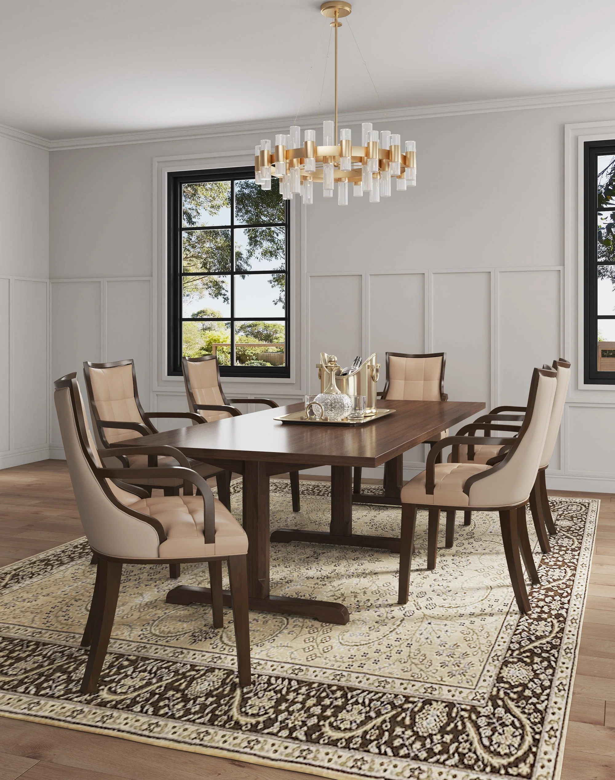Fifth Avenue Faux Leather and Velvet Dining Armchair in Tan and Walnut (set of 2) - Image 2
