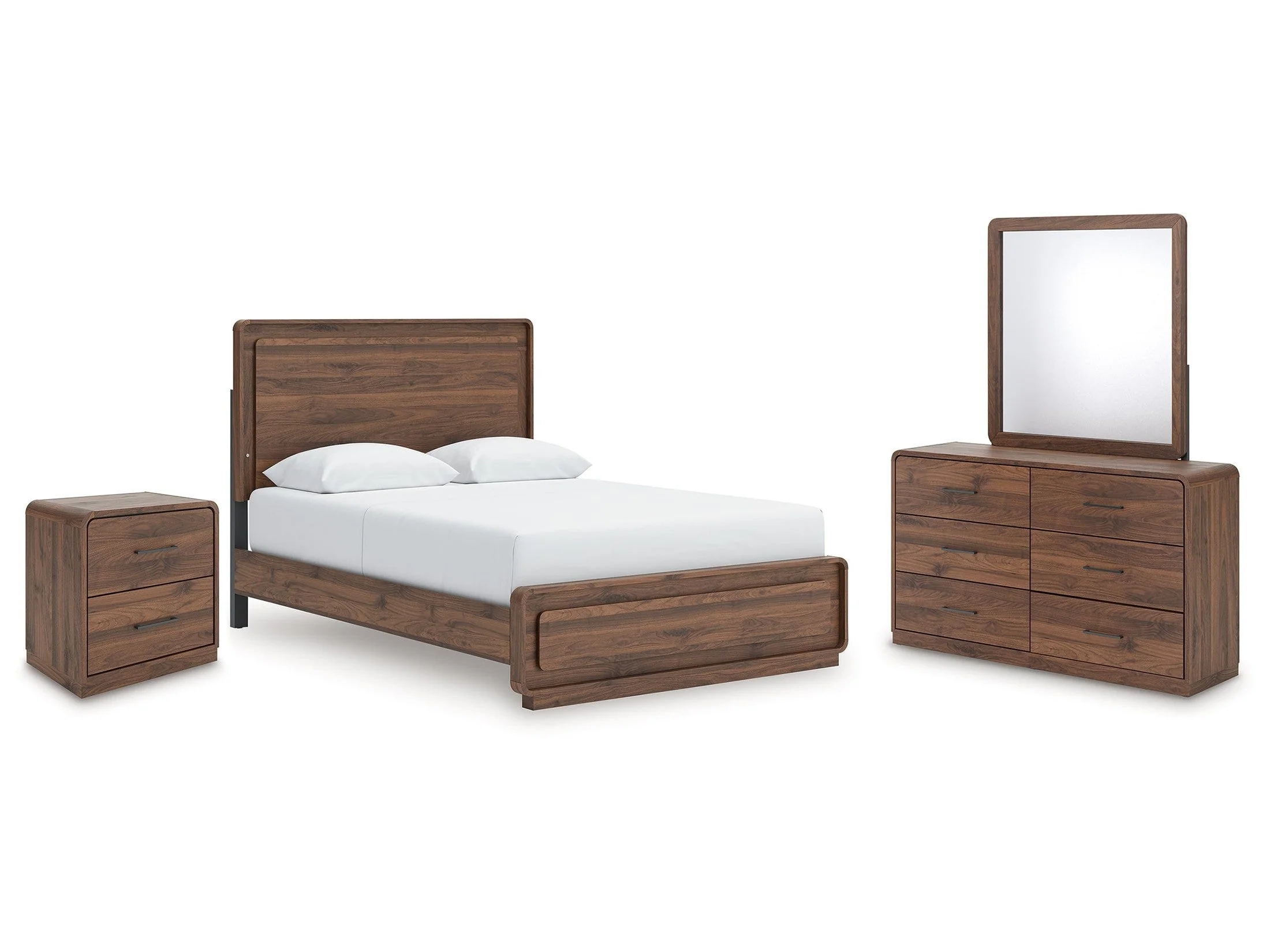 Fortlorn Walnut Brown Queen Panel Bed, Dresser, Mirror and Nightstand