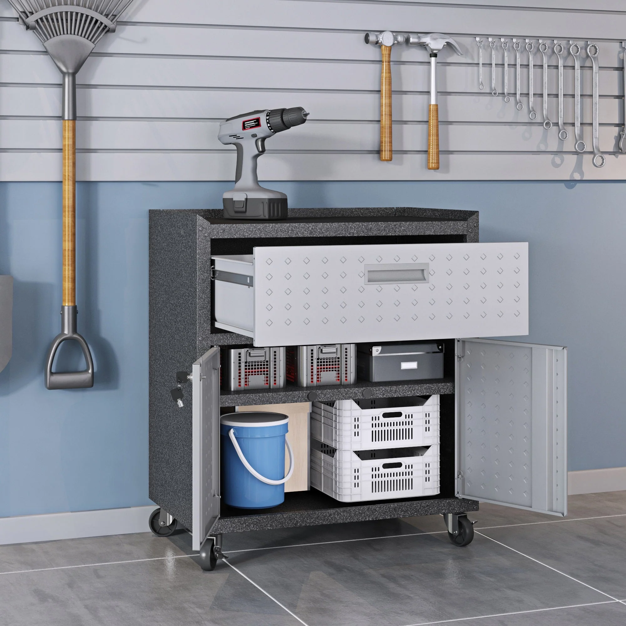 Fortress 31.5" Mobile Garage Cabinet with Drawer and Shelves in Grey - Image 4