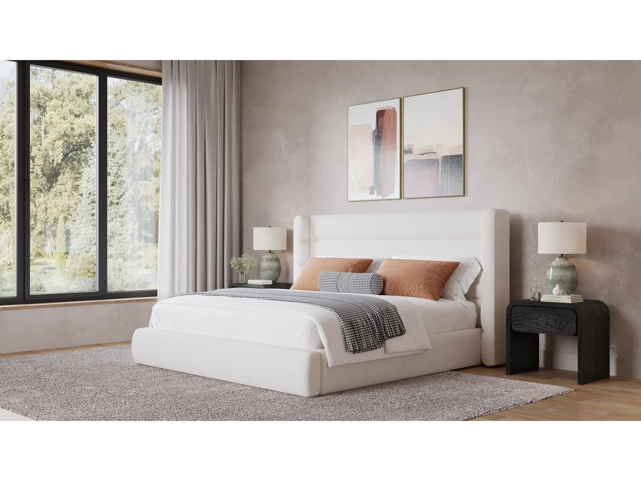 Frank Upholstered California King Wingback Platform Bed in Cottage Cheese Boucle