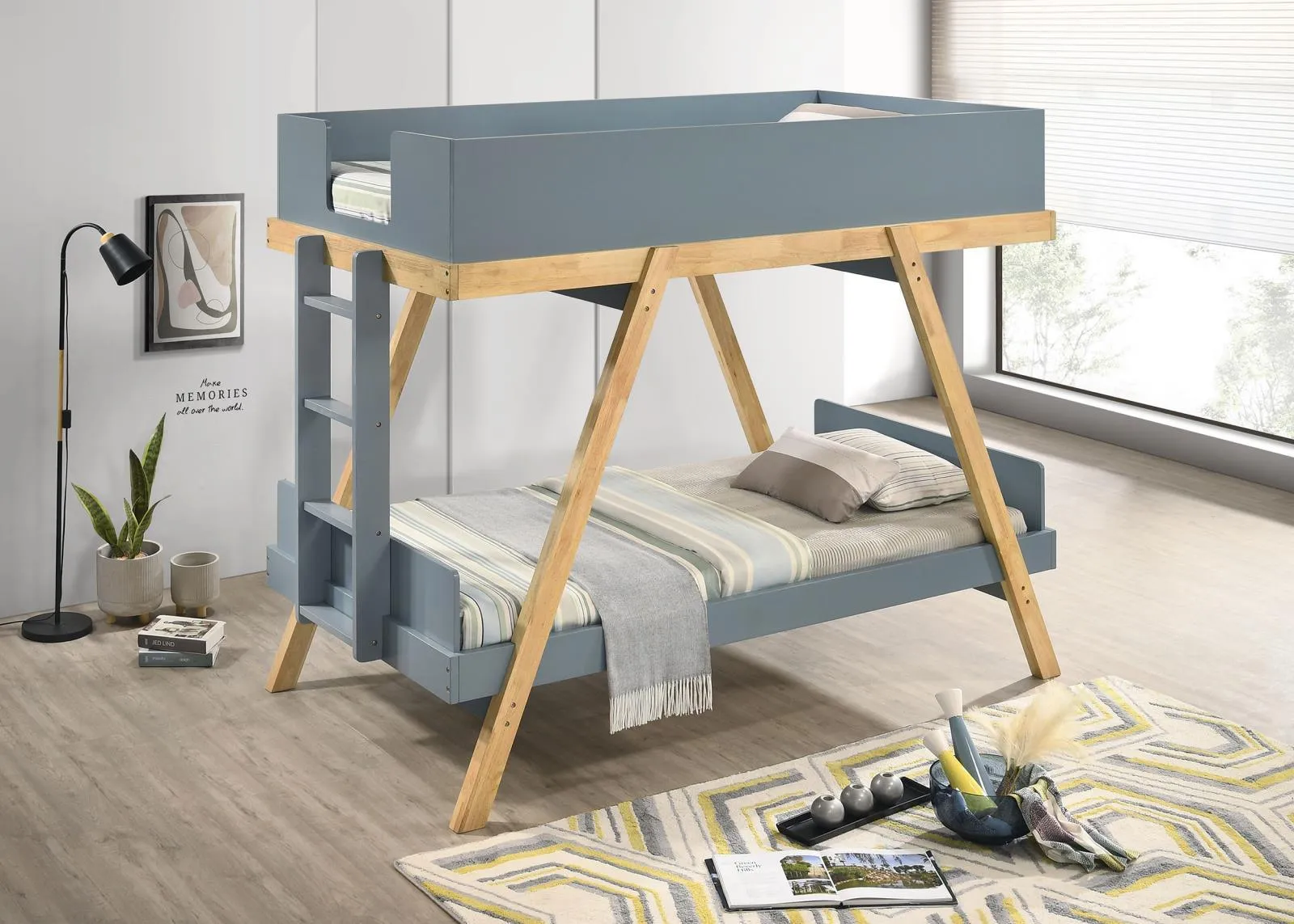 Frankie Van Courtland Blue and Natural Wood Twin Over Twin Bunk Bed
