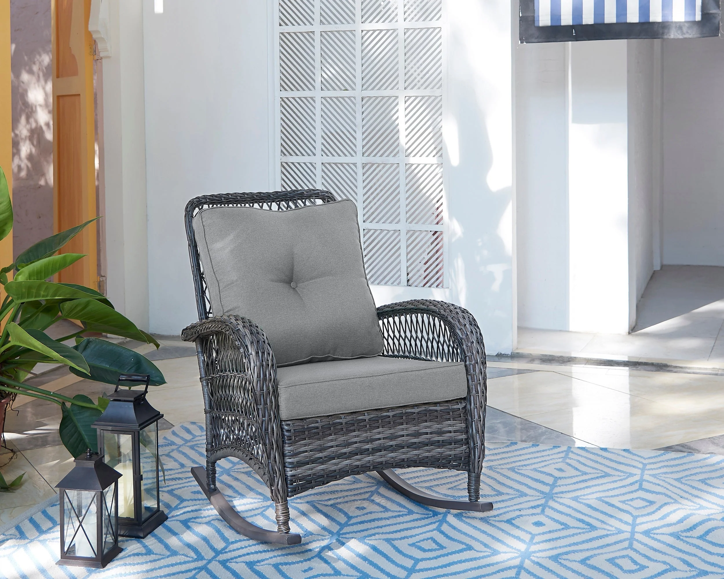 Fruttuo Patio Rocking Chair with Grey Cushions - Image 2