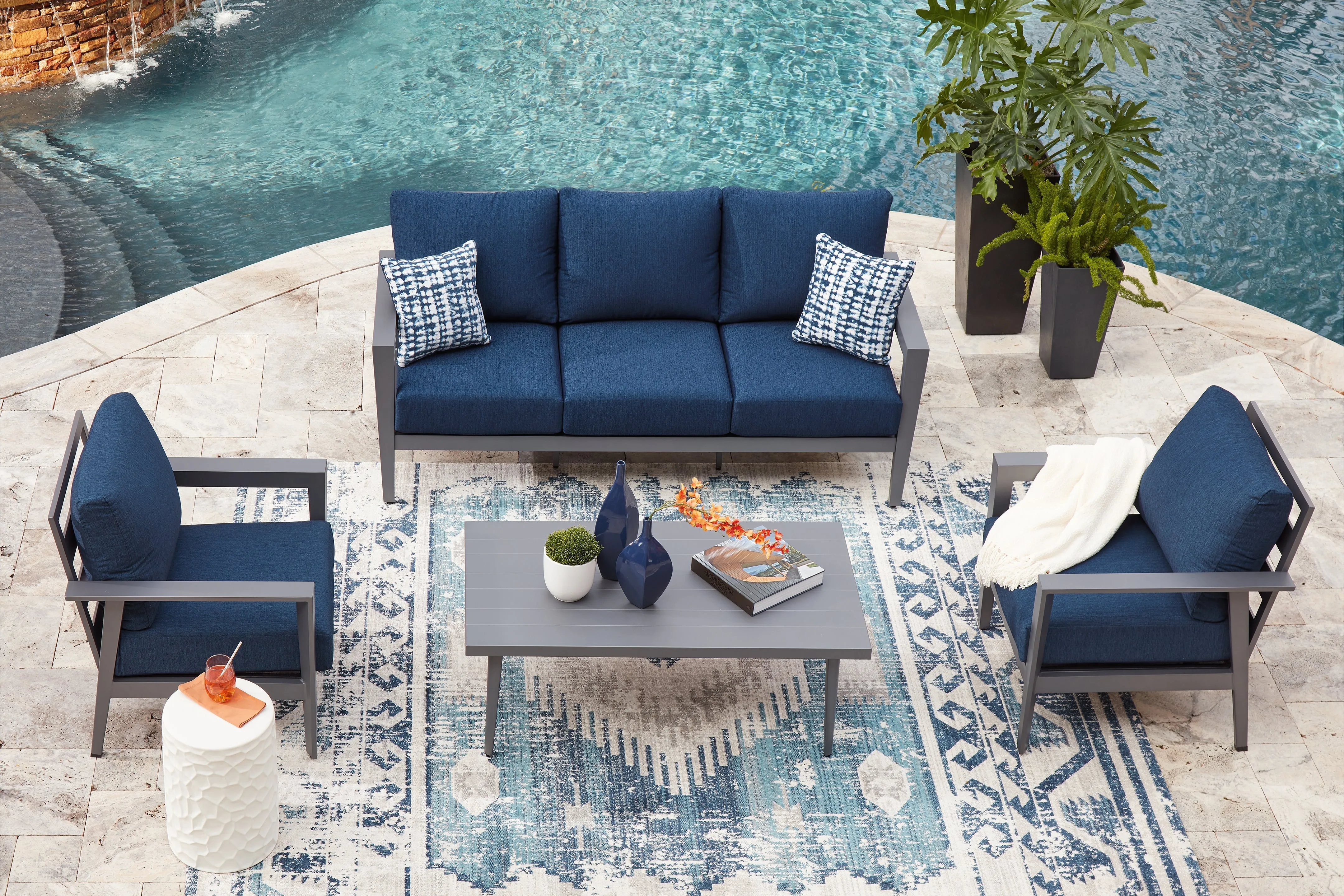 Gali Gray/Blue Outdoor Sofa/Chairs/Table Set (Set of 4) - Image 12