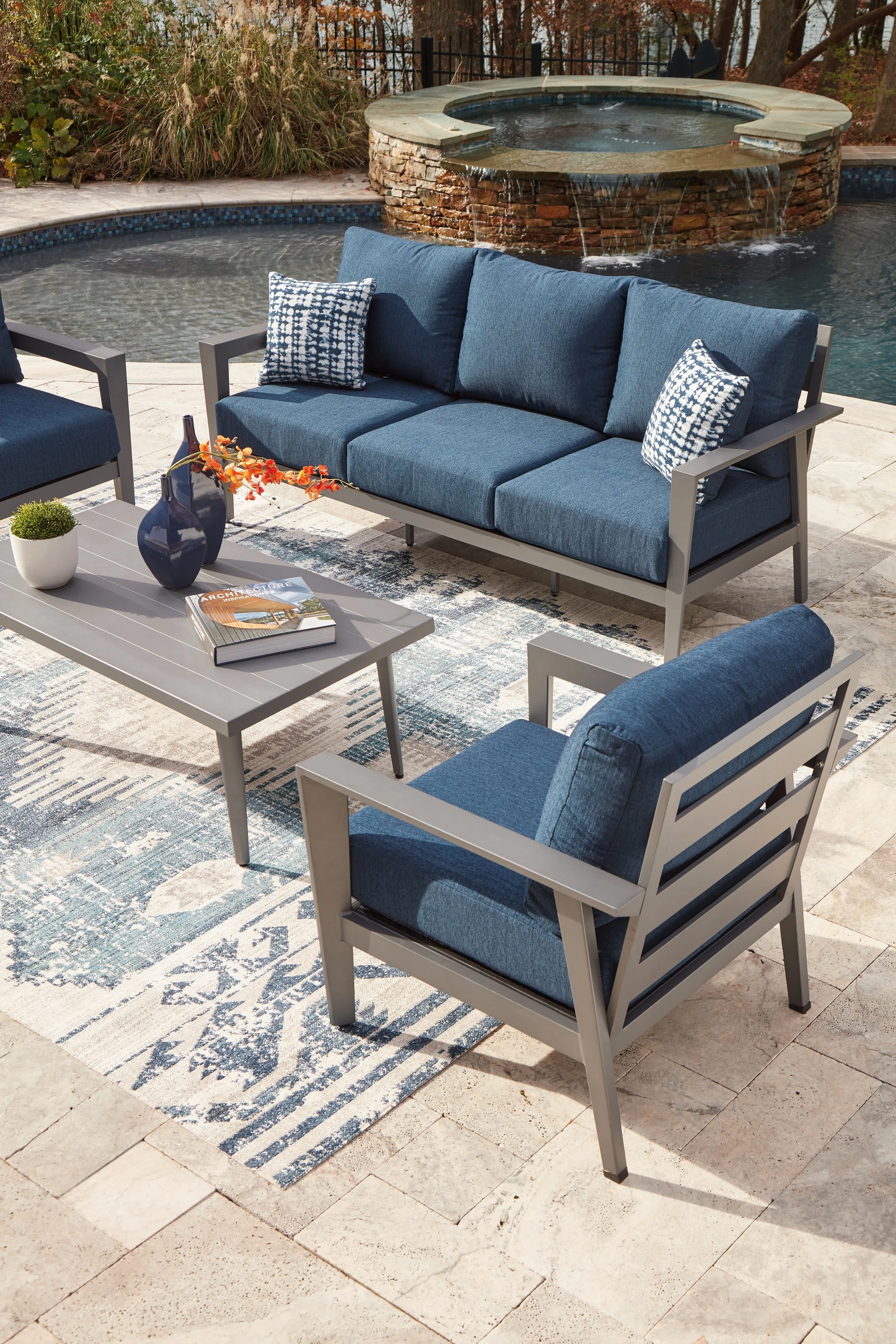 Gali Gray/Blue Outdoor Sofa/Chairs/Table Set (Set of 4) - Image 13
