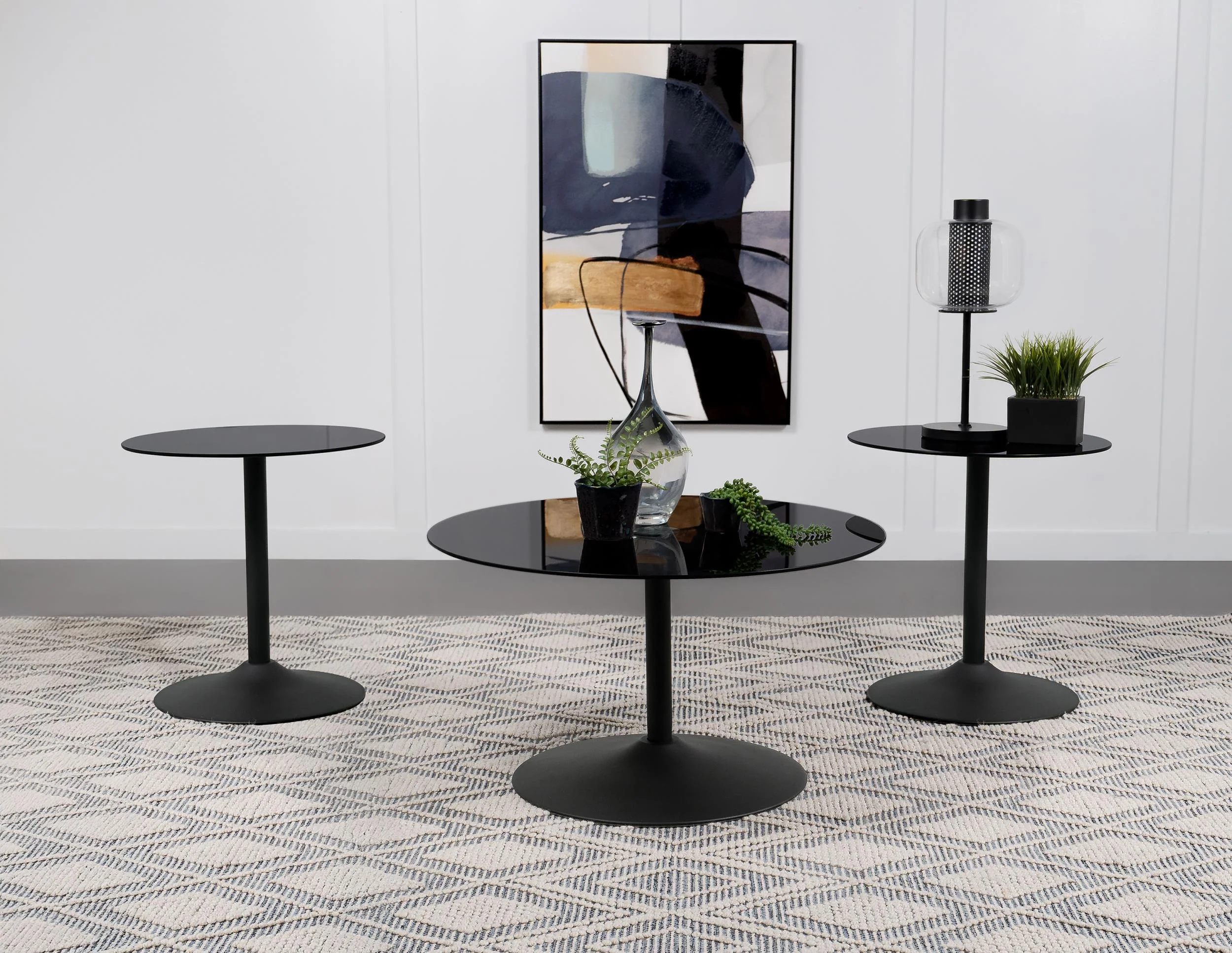 Ganso Black 3-Piece Round Glass Top Coffee and End Table Set