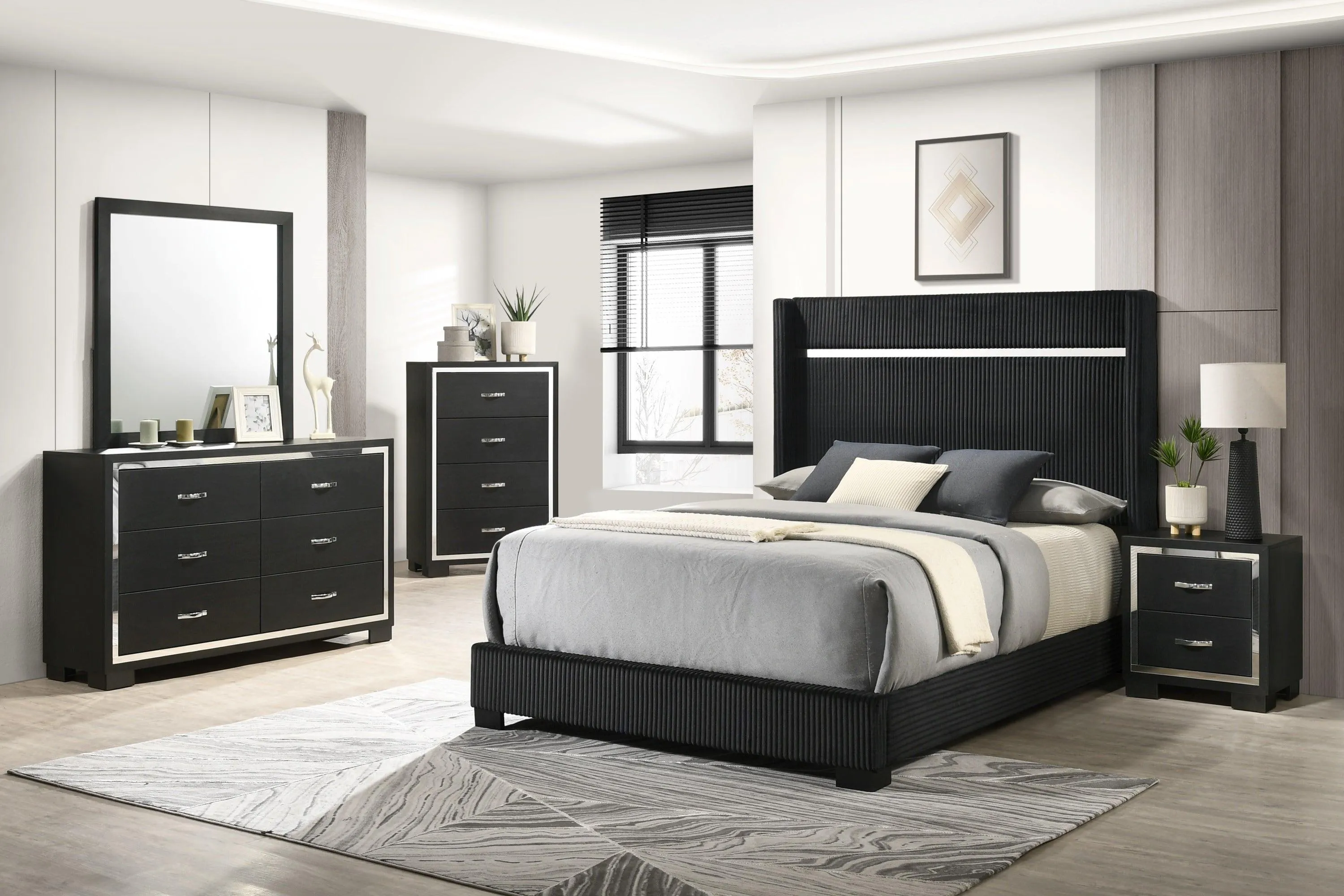 Gennro Black Corduroy King Upholstered Panel Bed - Image 2
