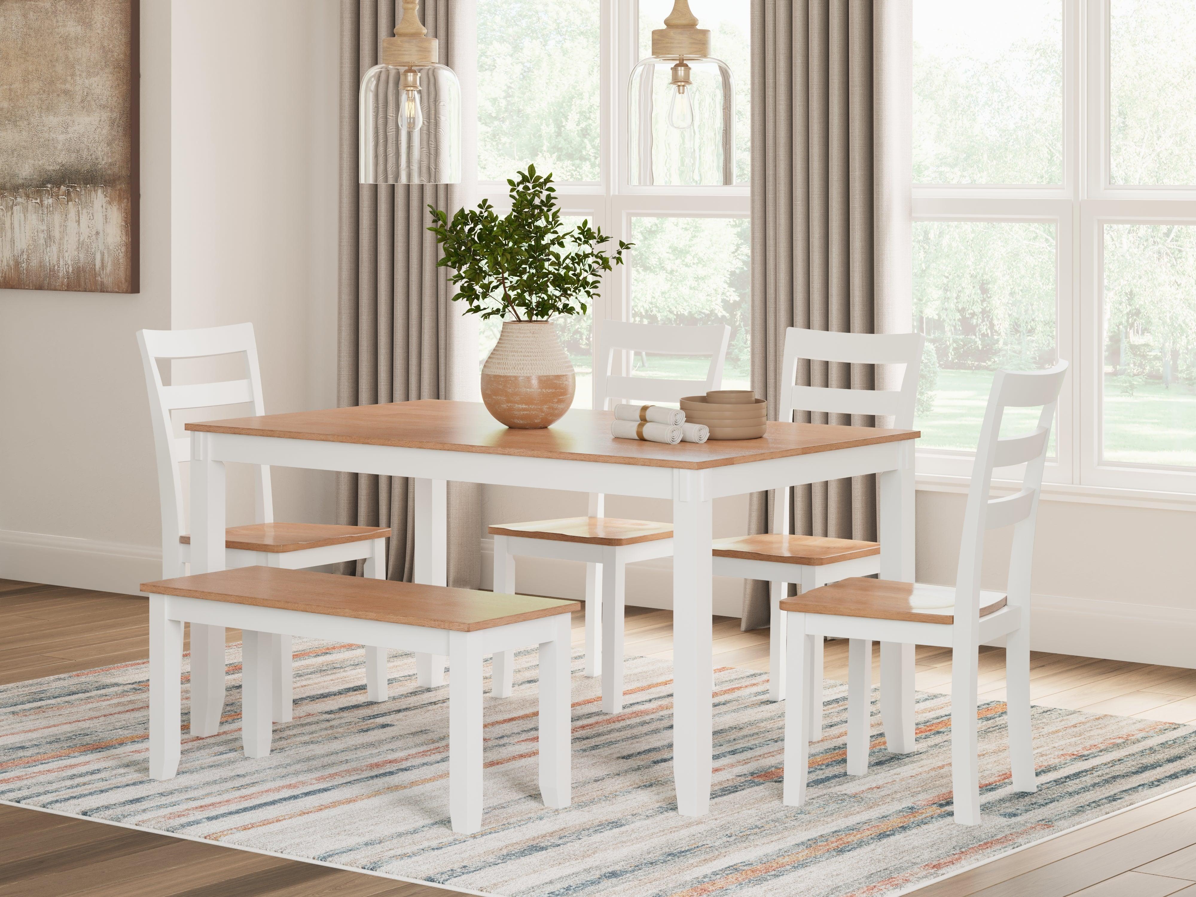 Gesthaven Natural/White Dining Table with 4 Chairs and Bench