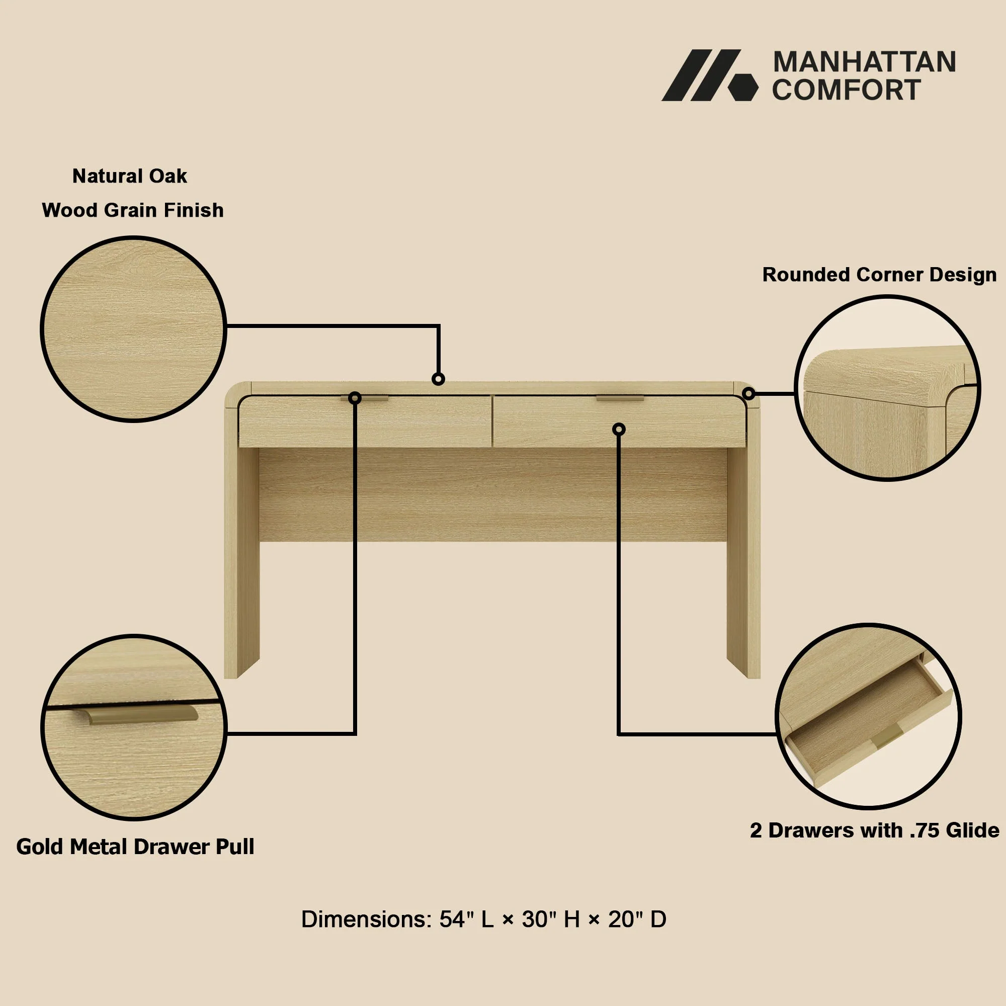 Grace 54" Home Office Desk in Natural Oak and Gold - Image 4