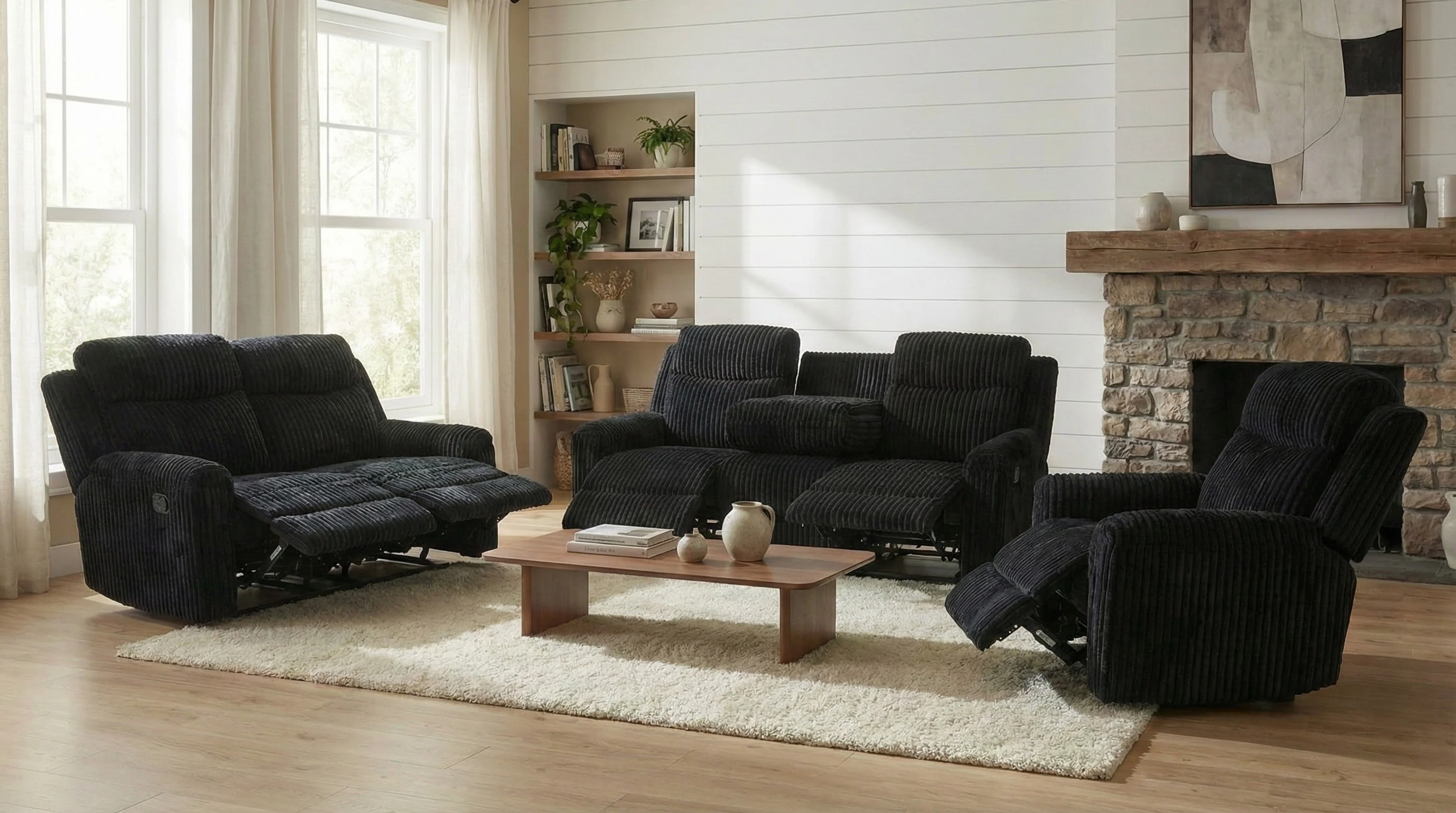 Grace Black Corduroy 3-Piece Reclining Set