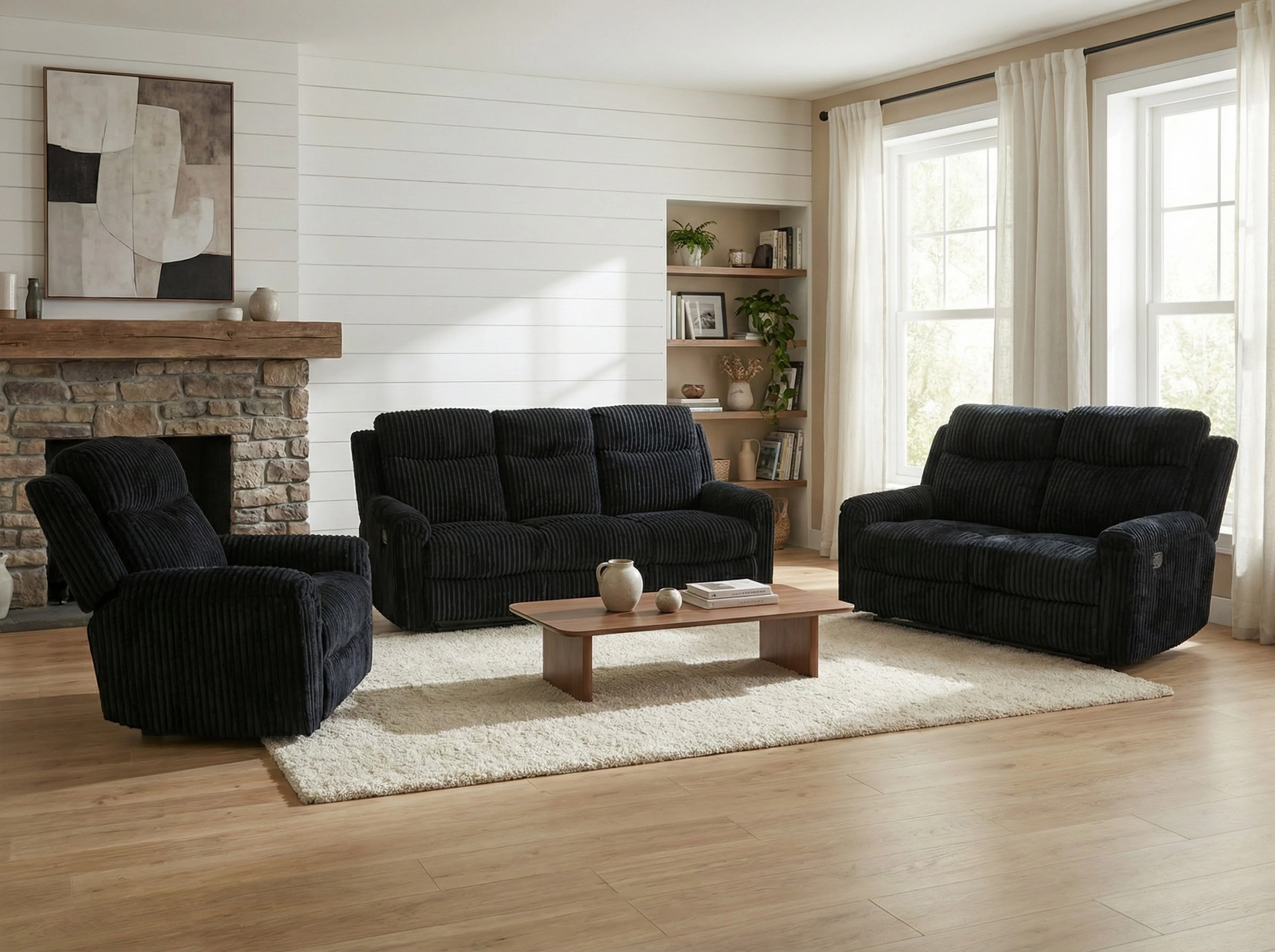 Grace Black Corduroy 3-Piece Reclining Set - Image 2