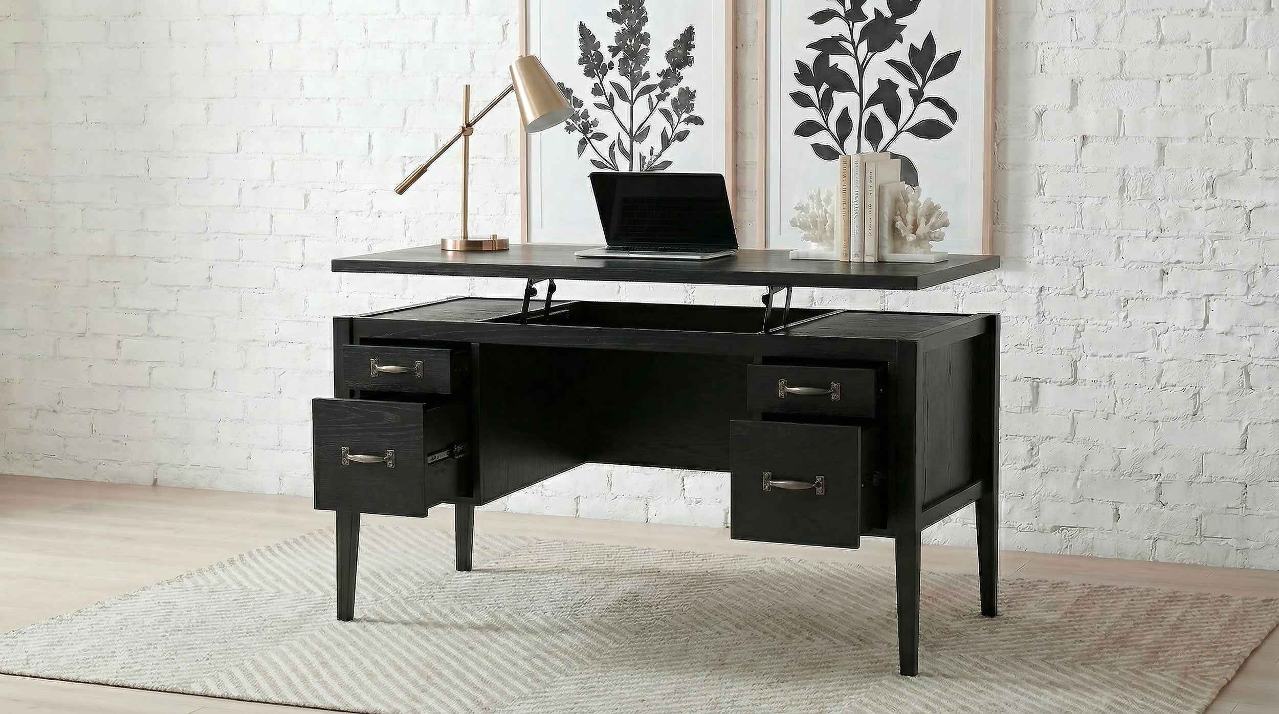 Graham Black 54-inch 4-drawer Double Pedestal Lift Top Computer Desk - Image 2