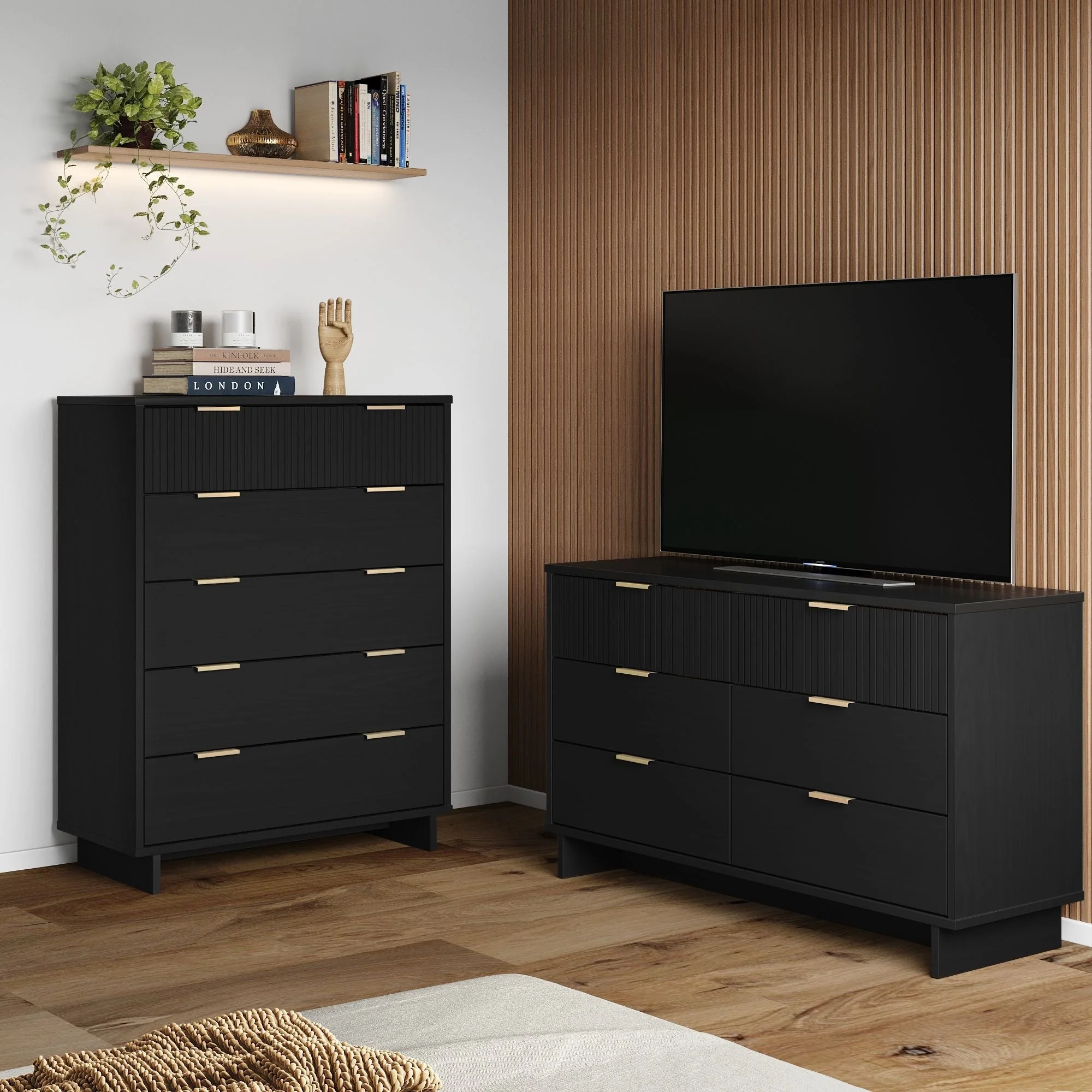 Granville 2-Piece Tall Chest and Double Dresser Set in Black - Image 2