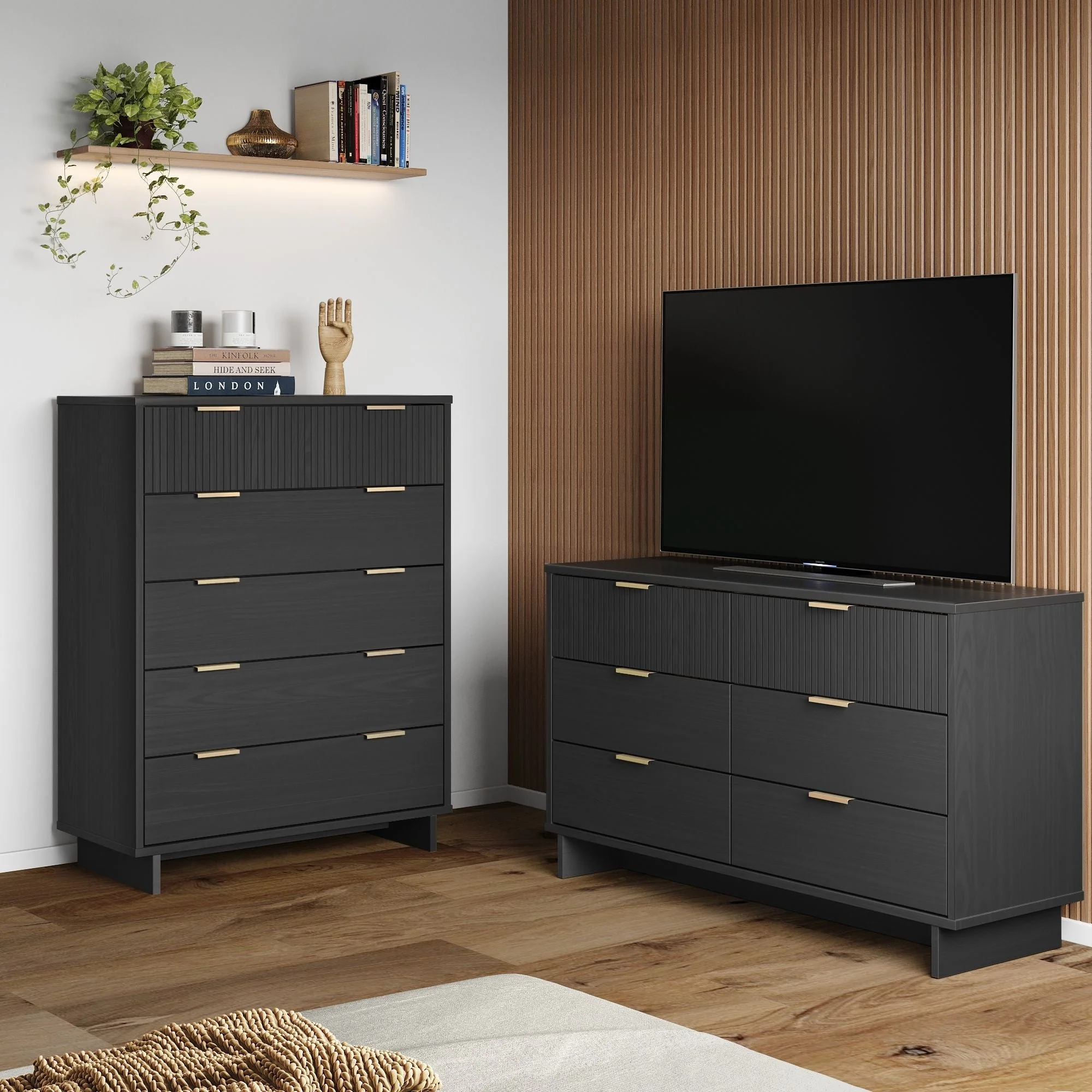 Granville 2-Piece Tall Chest and Double Dresser Set in Dark Grey - Image 2