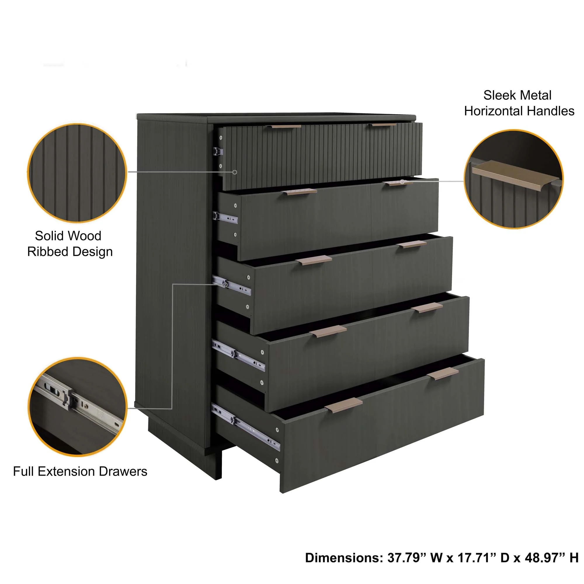 Granville 2-Piece Tall Chest and Standard Dresser Set in Dark Grey - Image 6