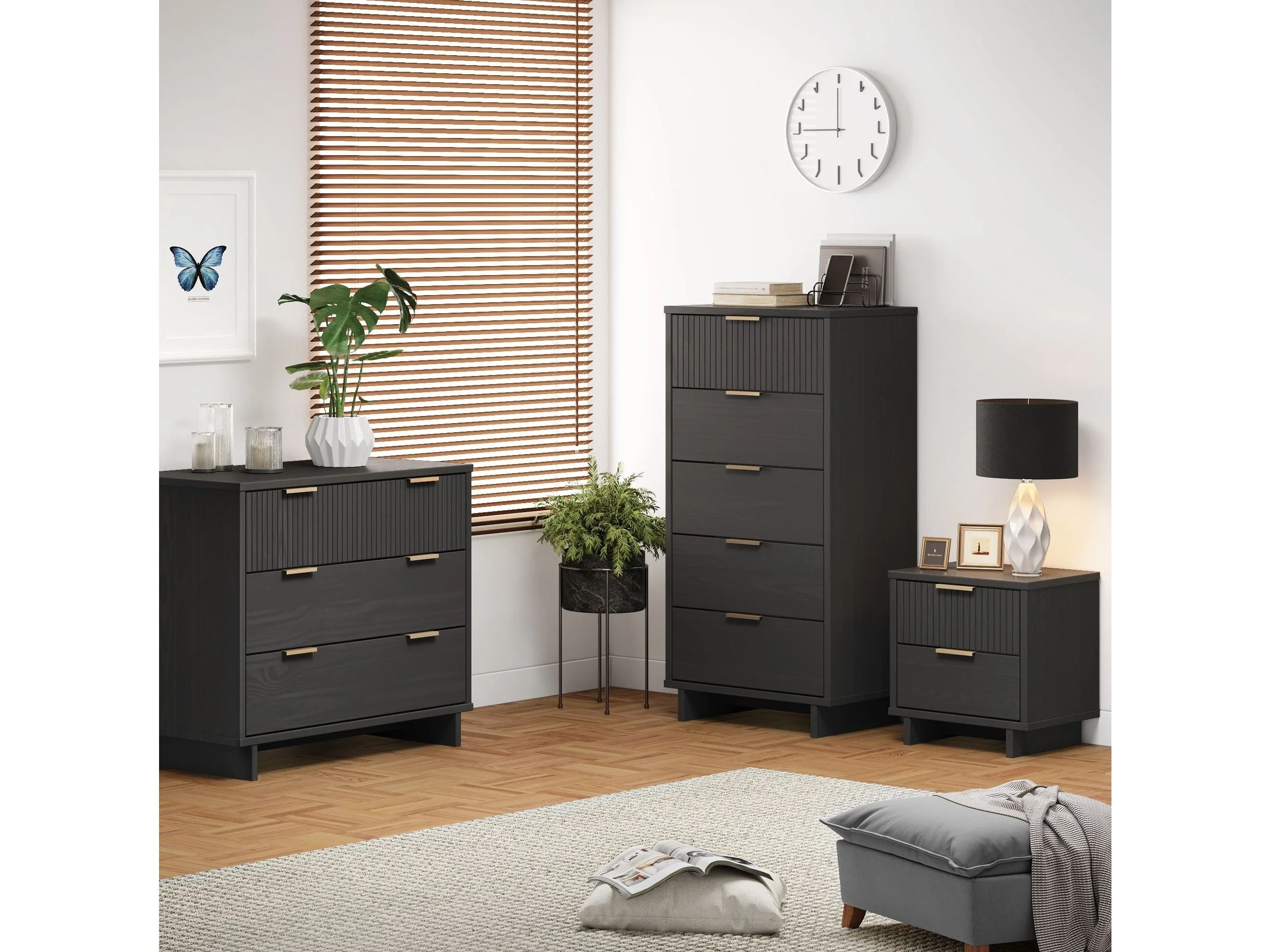 Granville 3-Piece Standard Dresser, Tall Narrow Chest and Nightstand Set in Dark Grey