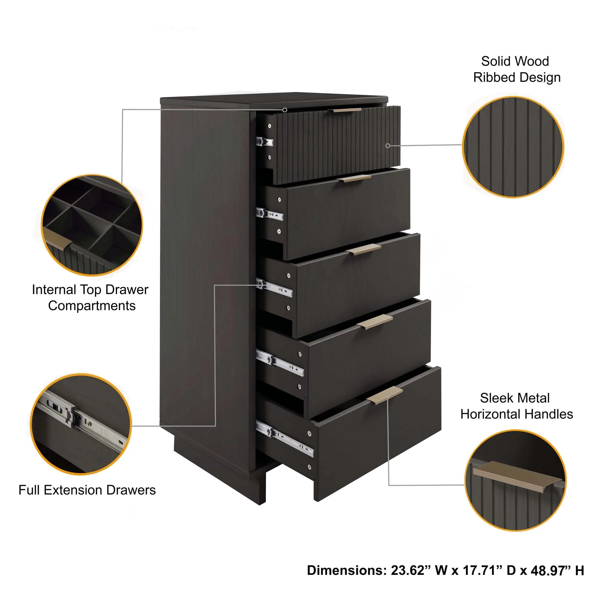 Granville 3-Piece Standard Dresser, Tall Narrow Chest and Nightstand Set in Dark Grey - Image 6