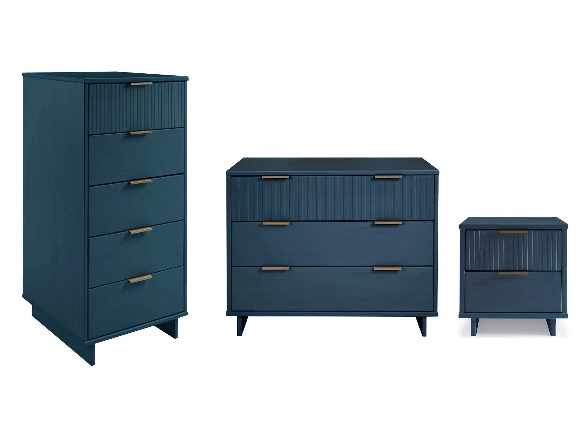 Granville 3-Piece Standard Dresser, Tall Narrow Chest and Nightstand Set in Midnight Blue