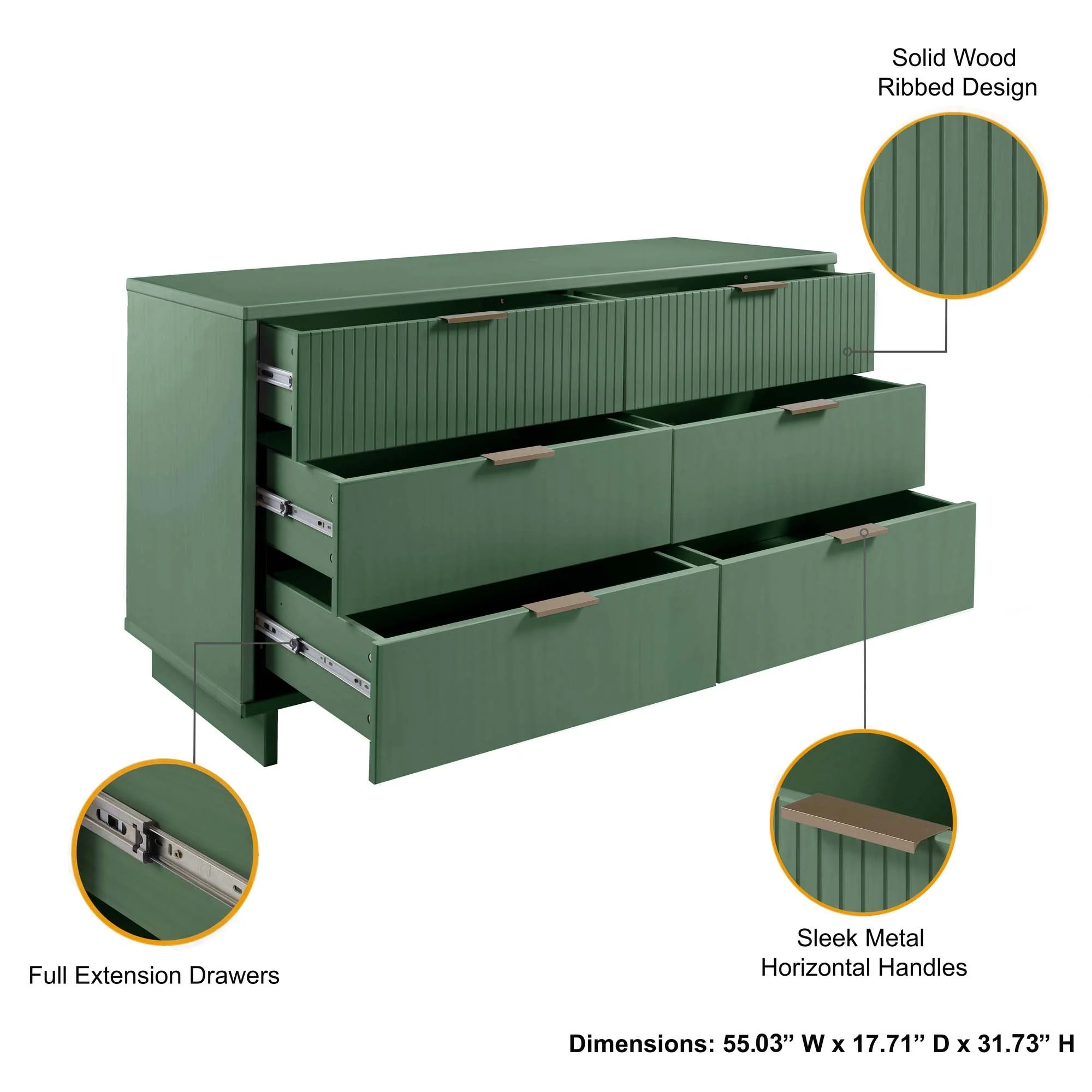Granville 3-Piece Tall Narrow Chest, Double Dresser and Nightstand Set in Sage Green - Image 7