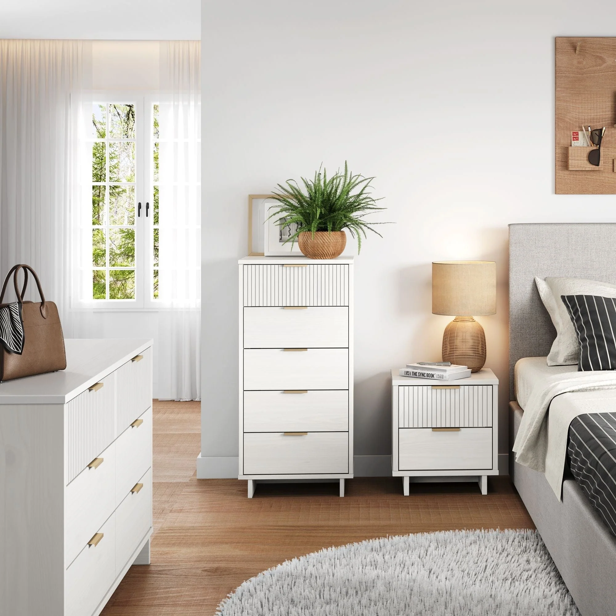 Granville 3-Piece Tall Narrow Chest, Double Dresser and Nightstand Set in White - Image 2